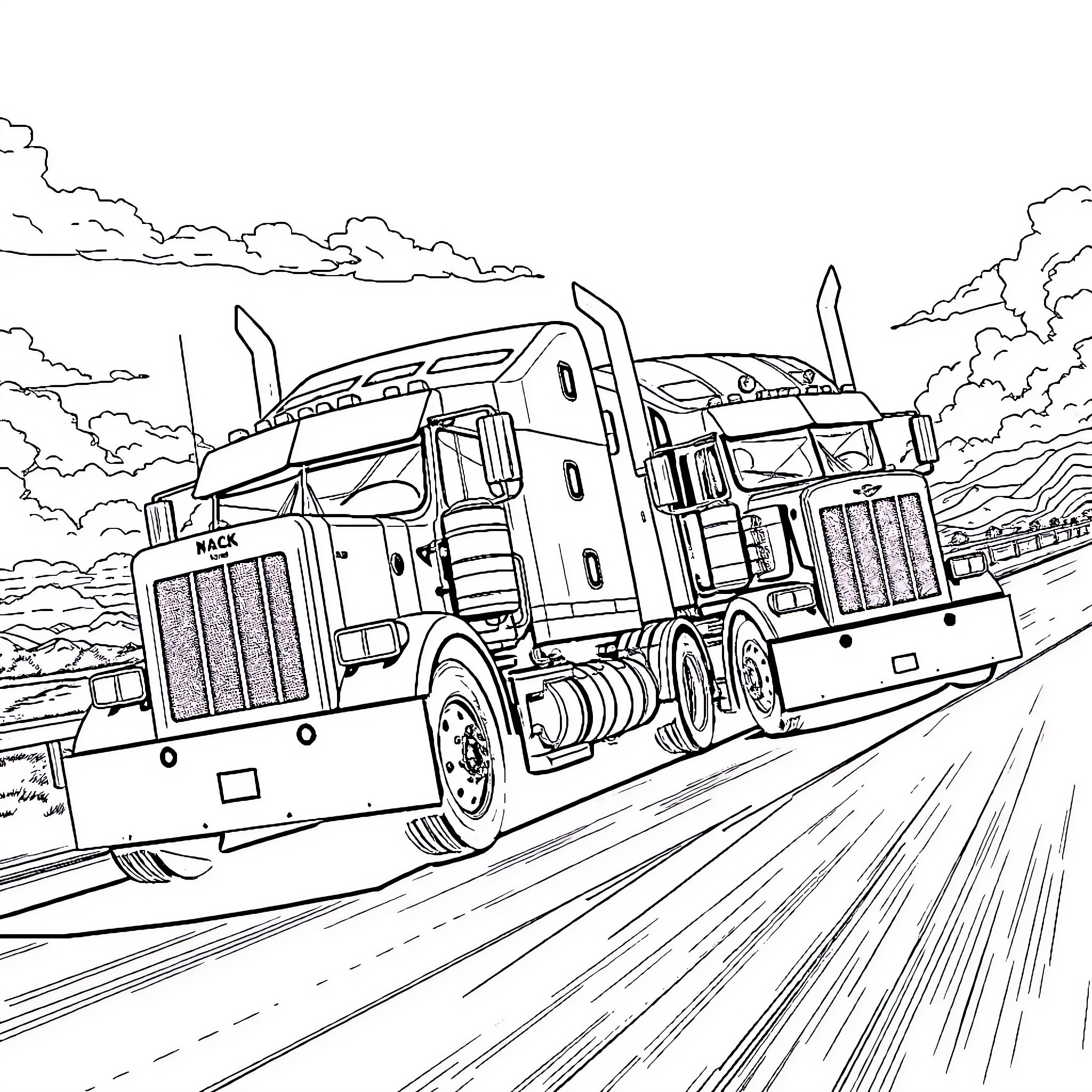 Truck speeding down the highway in the countryside Coloring Page (free black-and-white line drawing printable PDF for all, from beginners to advanced learners, including children, teens, adults, and seniors)