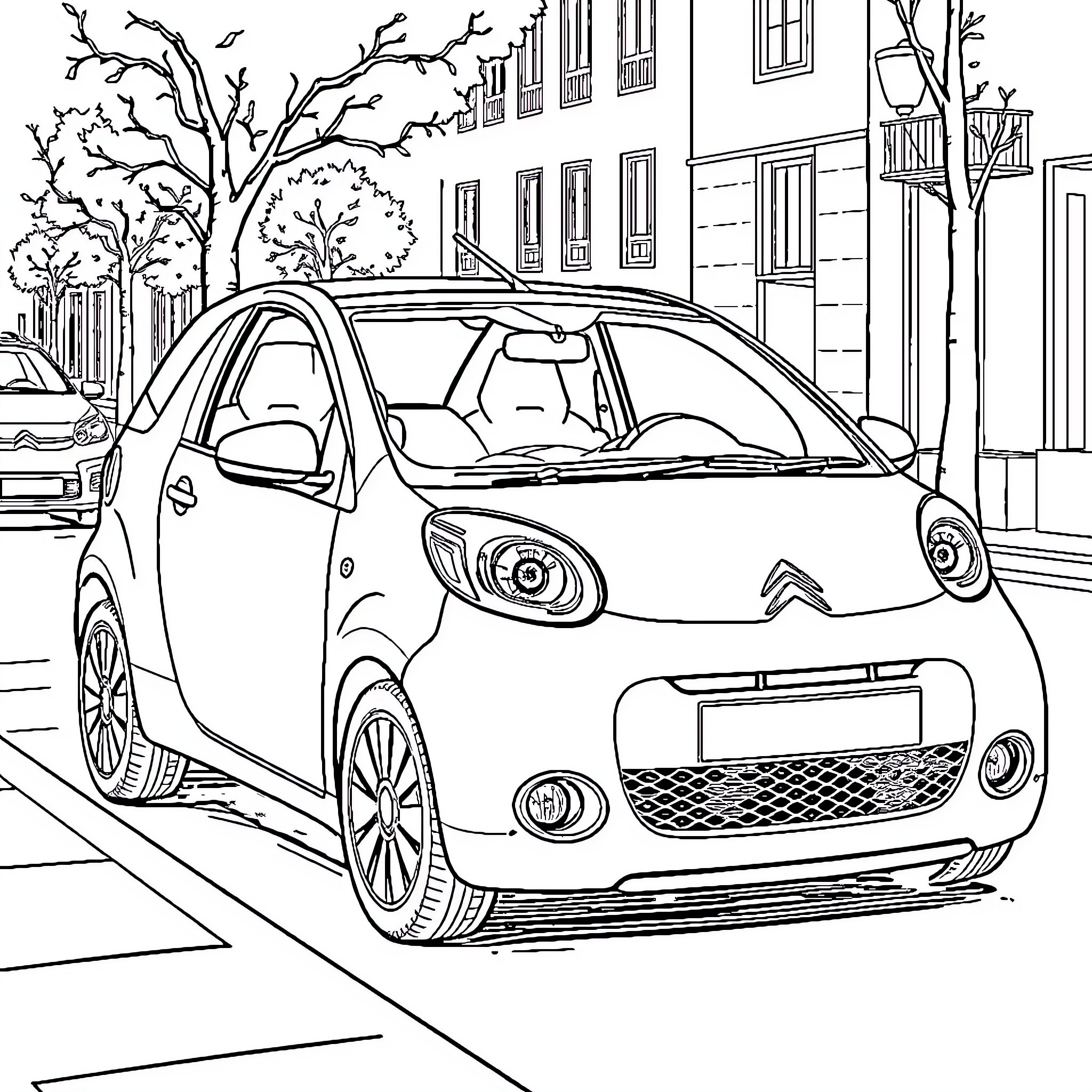 Citroën C3 parked on a city street Coloring Page (free black-and-white line drawing printable PDF for all, from beginners to advanced learners, including children, teens, adults, and seniors)