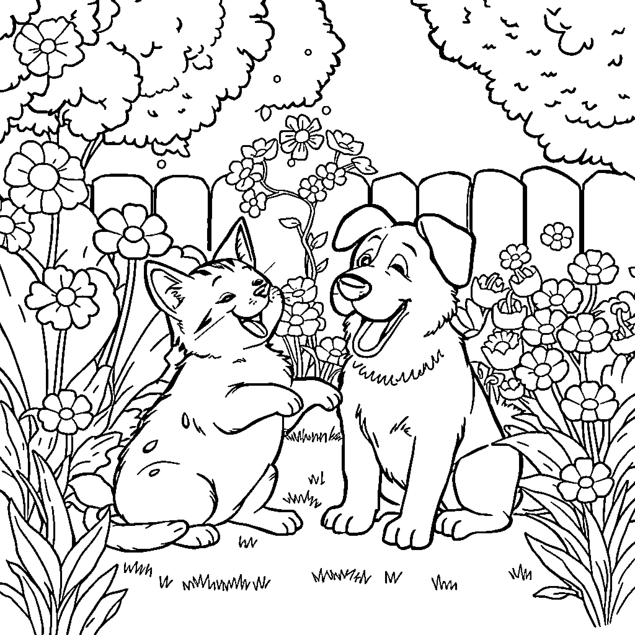 Cats playing among the flowers in the garden Coloring Page (free black-and-white line drawing printable PDF for all, from beginners to advanced learners, including children, teens, adults, and seniors)