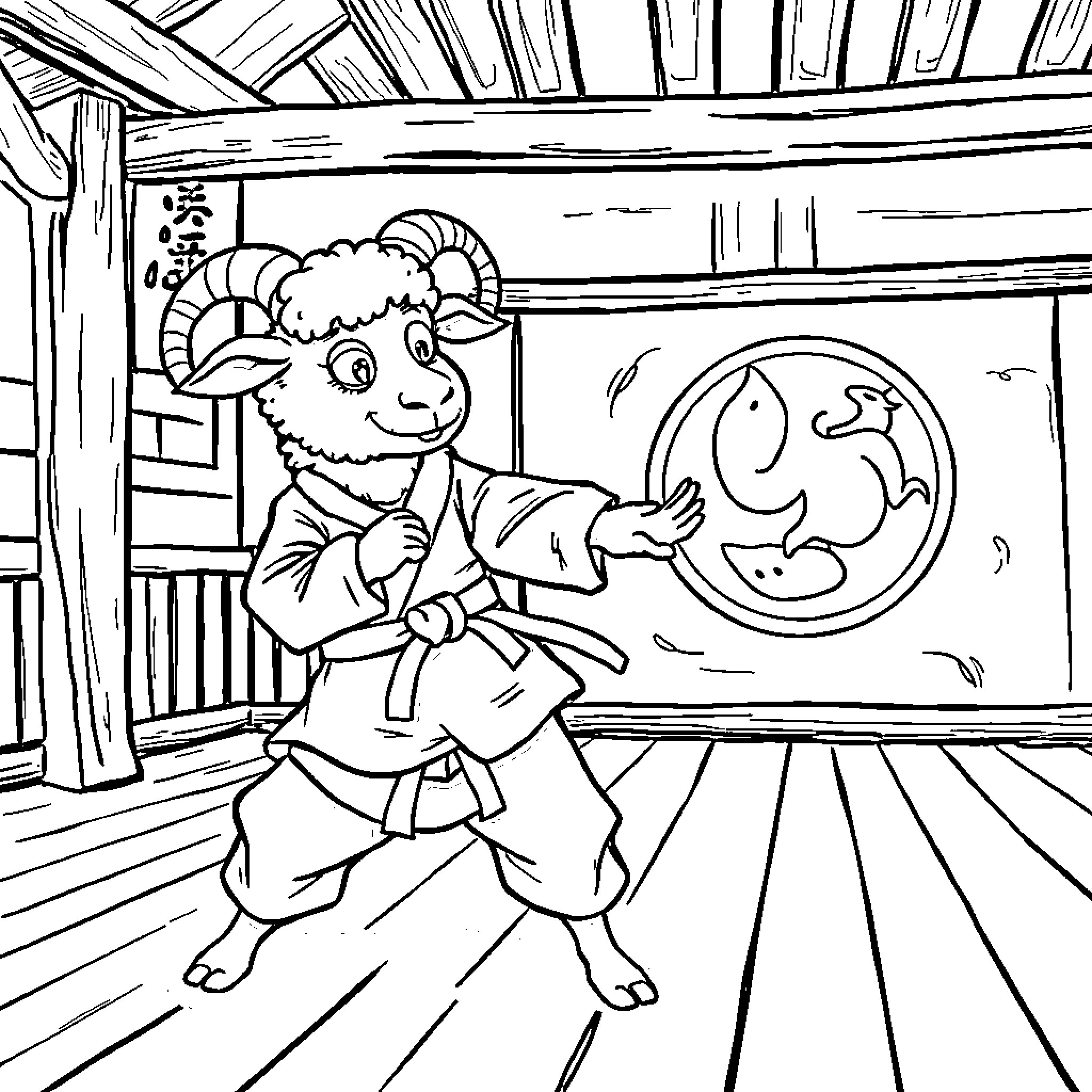 Sheep in traditional attire exploring an old building Coloring Page (free black-and-white line drawing printable PDF for all, from beginners to advanced learners, including children, teens, adults, and seniors)