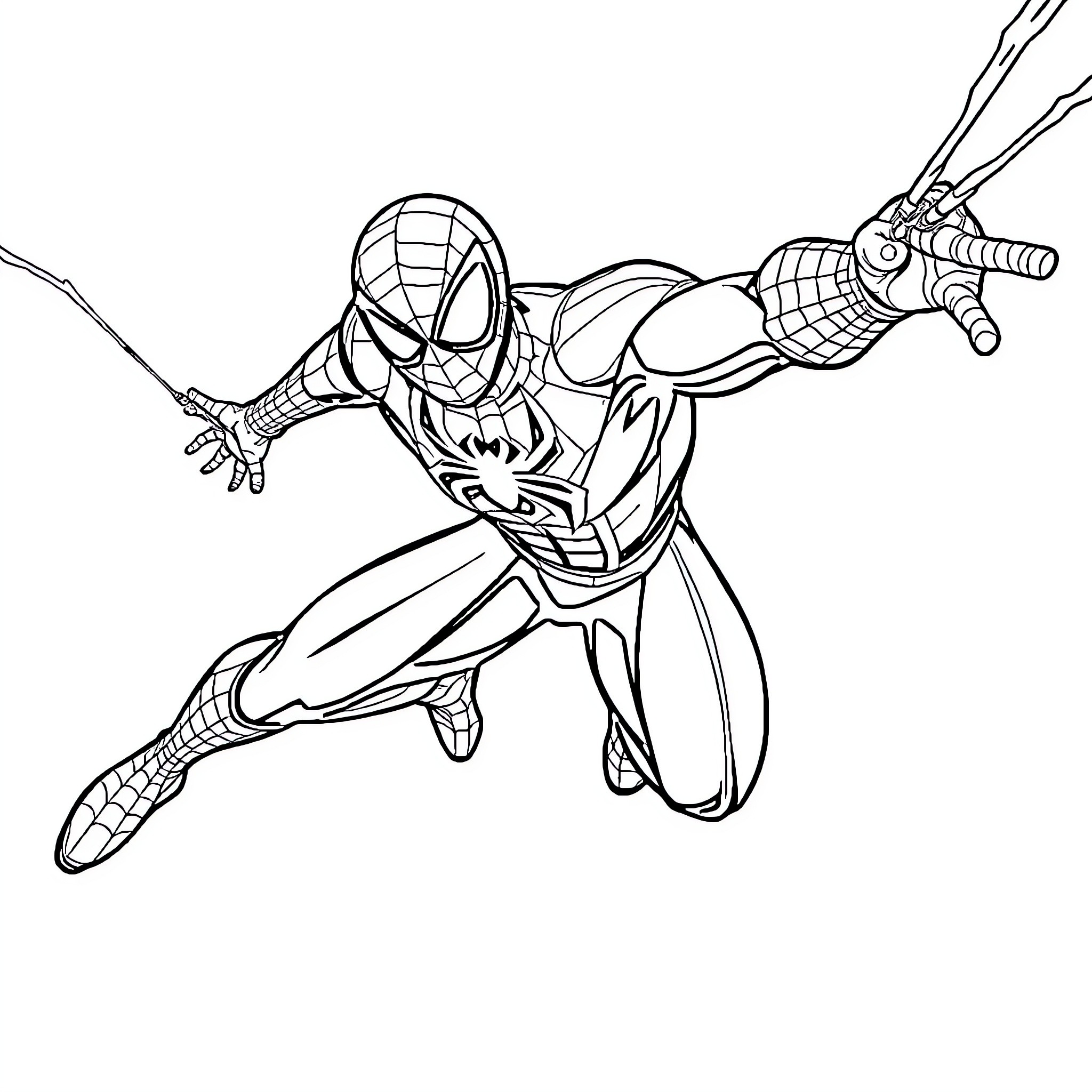 Spiderman swinging into action with web-shooters Coloring Page (free black-and-white line drawing printable PDF for all, from beginners to advanced learners, including children, teens, adults, and seniors)