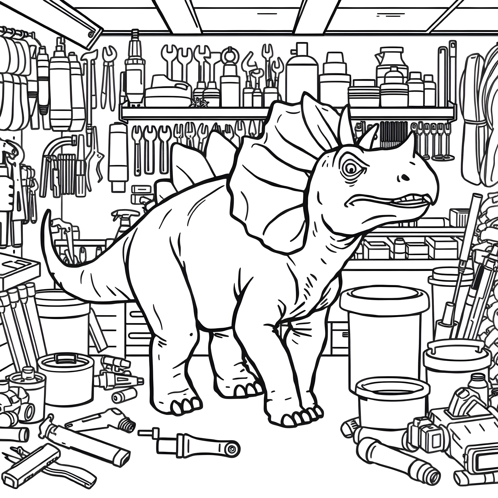 Triceratops in the Mechanic's Garage Coloring Page (free black-and-white line drawing printable PDF for all, from beginners to advanced learners, including children, teens, adults, and seniors)