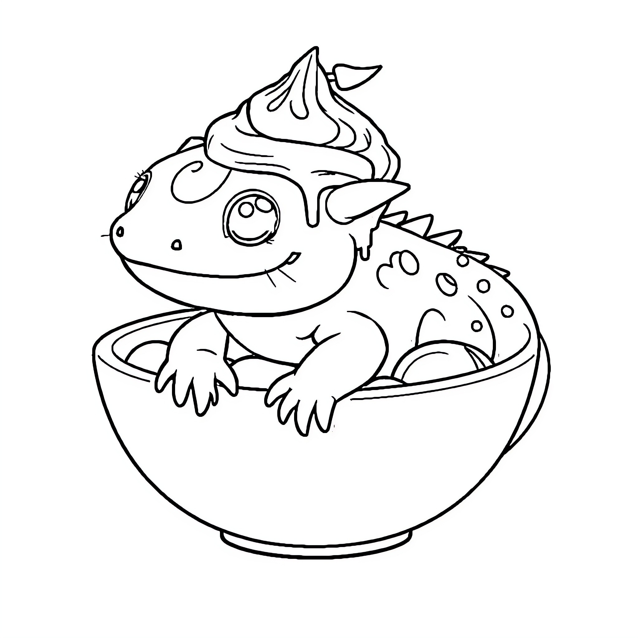 Axolotl enjoying a tasty treat in a bowl Coloring Page (free black-and-white line drawing printable PDF for all, from beginners to advanced learners, including children, teens, adults, and seniors)