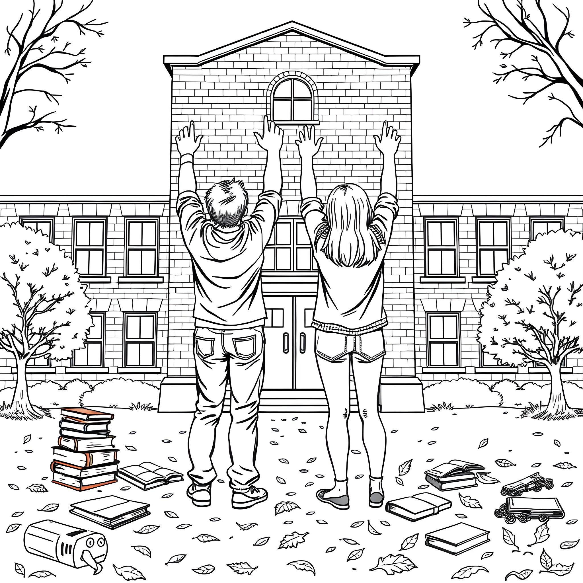 Adult students excitedly exploring school building Coloring Page (free black-and-white line drawing printable PDF for all, from beginners to advanced learners, including children, teens, adults, and seniors)