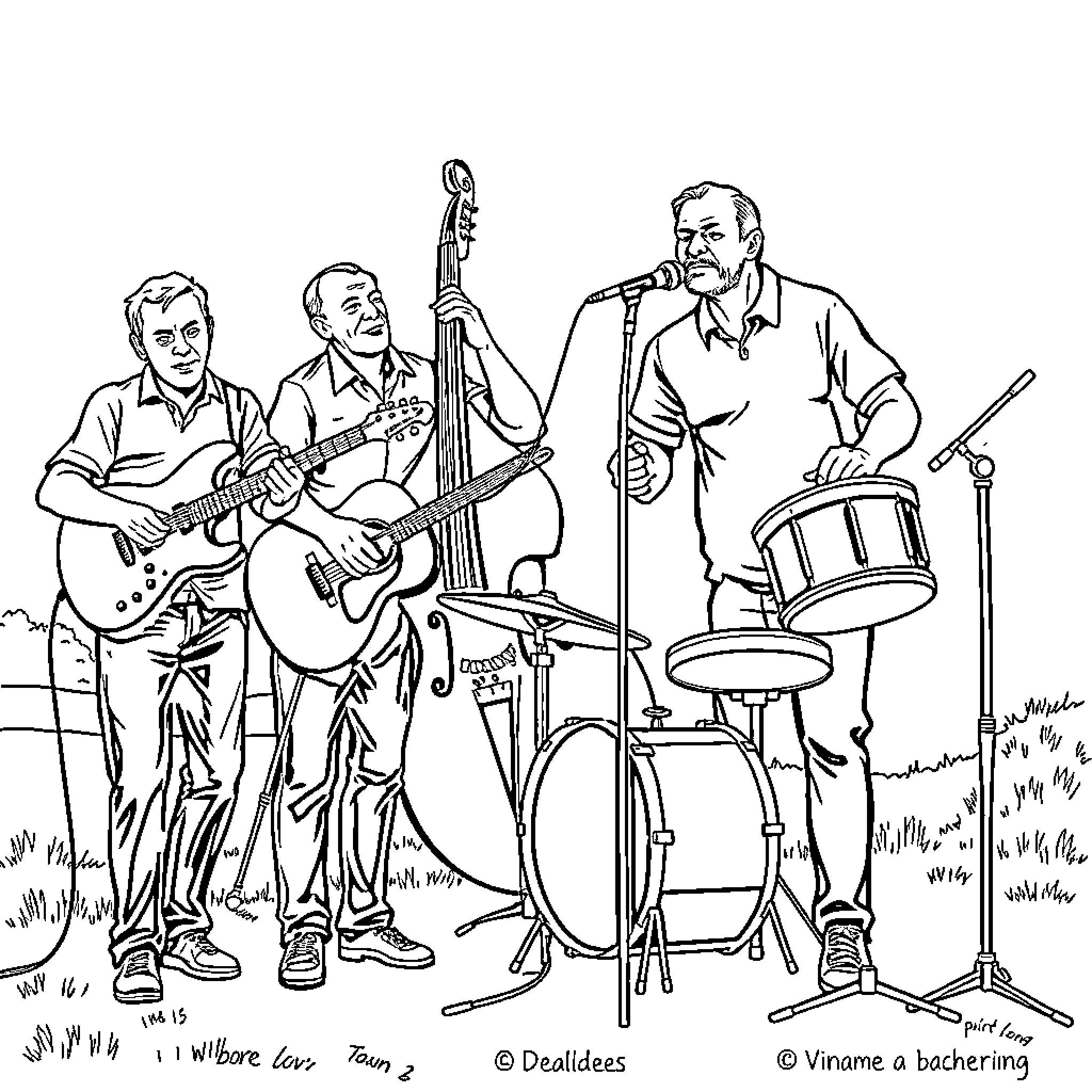 Band performing with musical instruments on stage Coloring Page (free black-and-white line drawing printable PDF for all, from beginners to advanced learners, including children, teens, adults, and seniors)