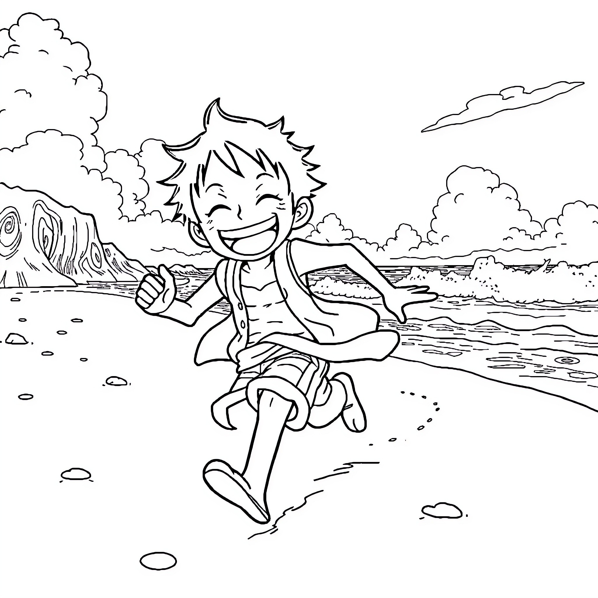 Luffy enjoying a relaxing day at the beach Coloring Page (free black-and-white line drawing printable PDF for all, from beginners to advanced learners, including children, teens, adults, and seniors)