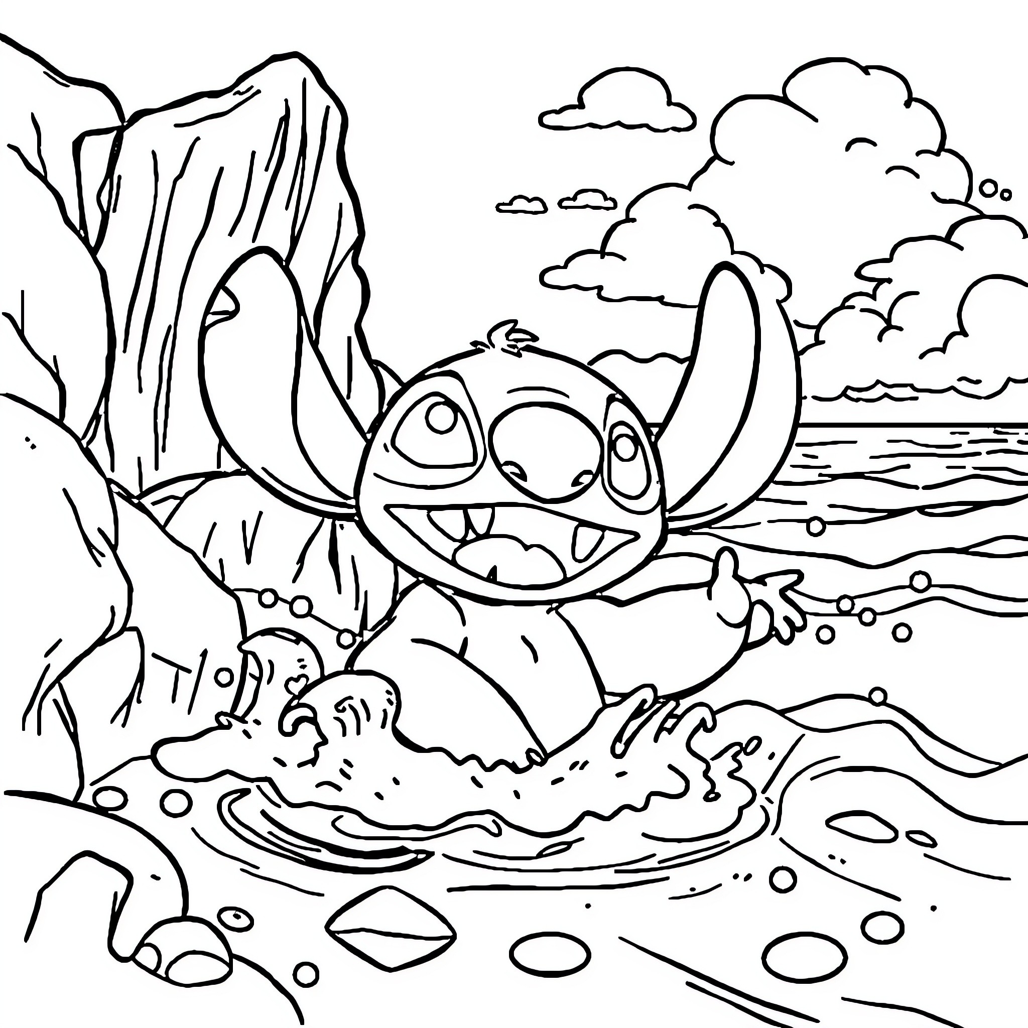 Stitch playing joyfully in the ocean waves Coloring Page (free black-and-white line drawing printable PDF for all, from beginners to advanced learners, including children, teens, adults, and seniors)