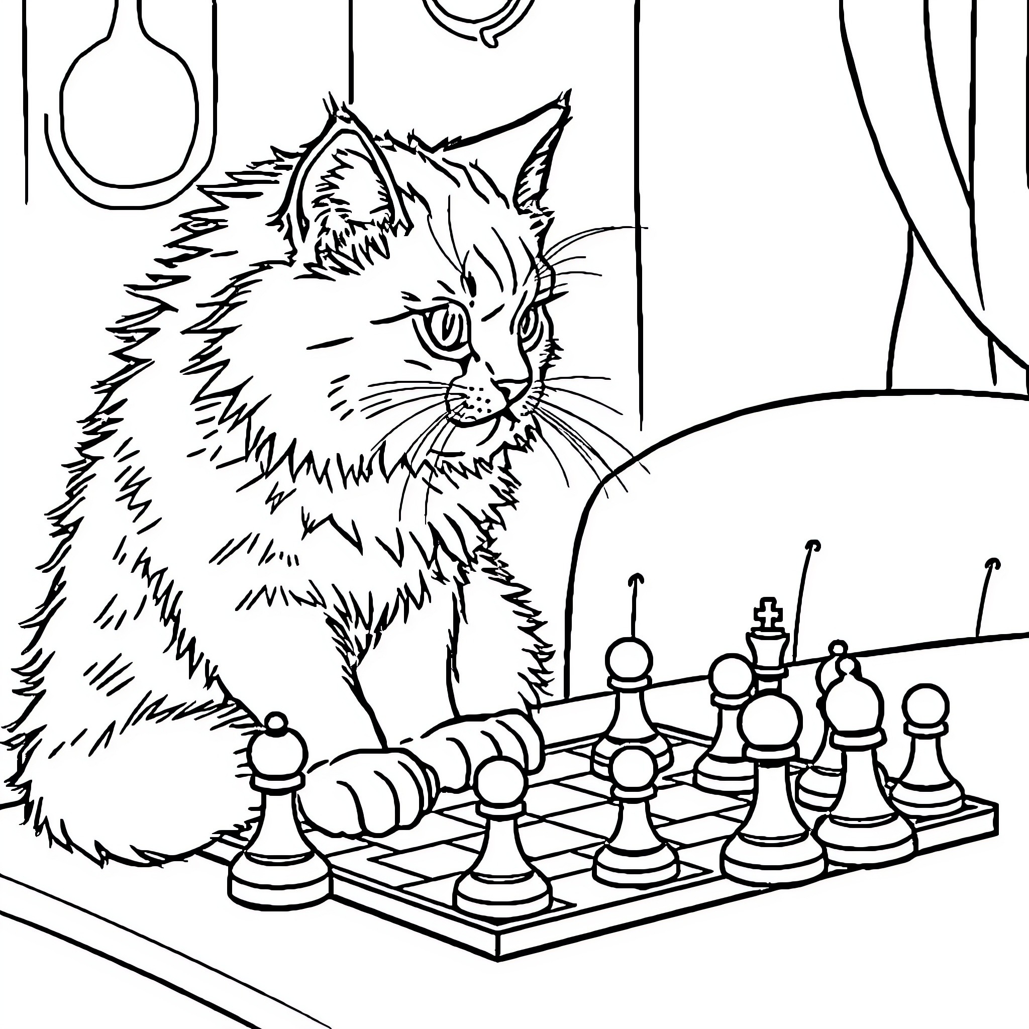 Cat playing with chess pieces on the board Coloring Page (free black-and-white line drawing printable PDF for all, from beginners to advanced learners, including children, teens, adults, and seniors)
