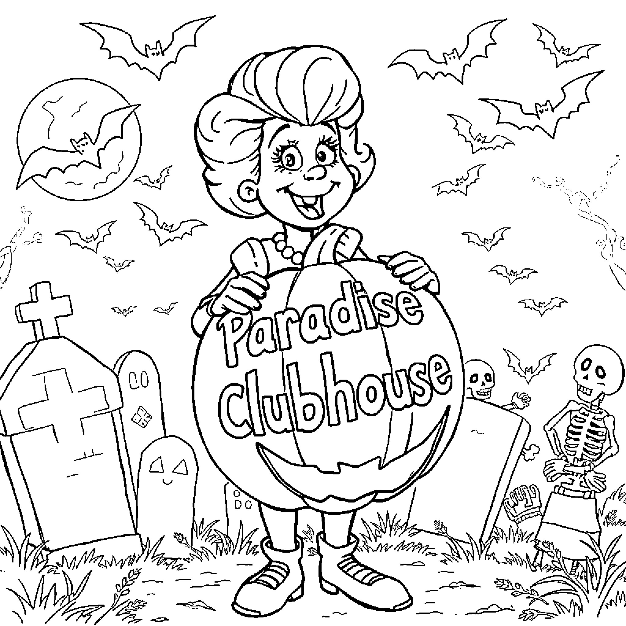Ms Frizzle's spooky Halloween adventure at the Paradise Clubhouse Coloring Page (free black-and-white line drawing printable PDF for all, from beginners to advanced learners, including children, teens, adults, and seniors)