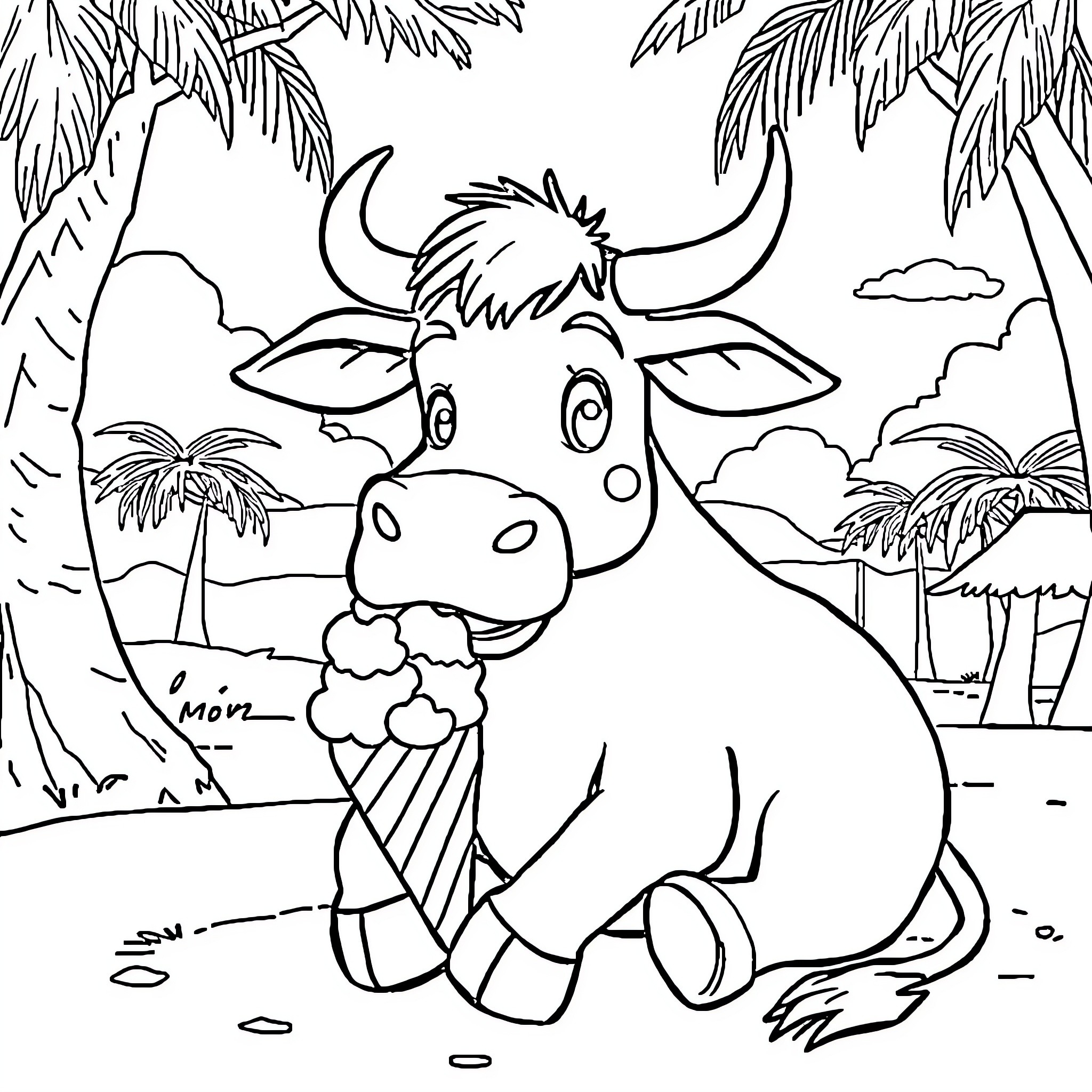 Carabao enjoying nature in the tropical landscape Coloring Page (free black-and-white line drawing printable PDF for all, from beginners to advanced learners, including children, teens, adults, and seniors)