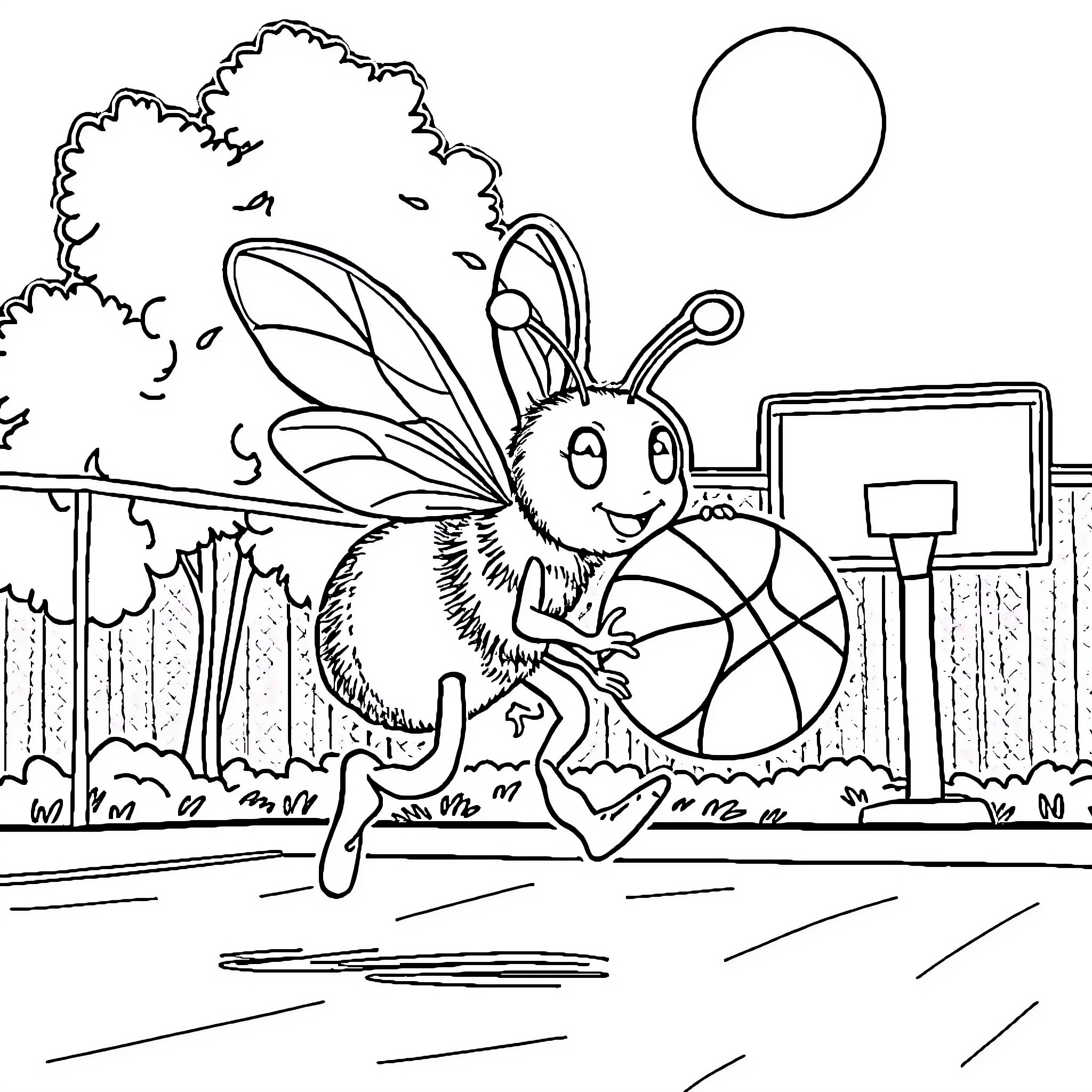 Bee playing energetically with basketball on playground Coloring Page (free black-and-white line drawing printable PDF for all, from beginners to advanced learners, including children, teens, adults, and seniors)