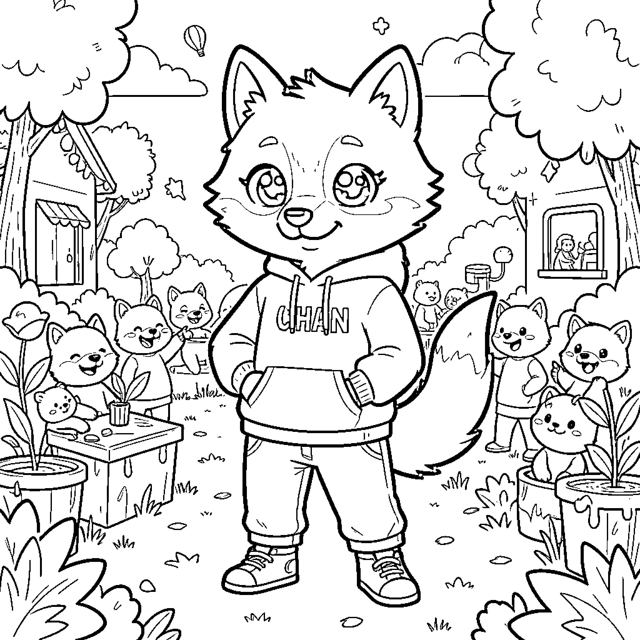 Wolf Chan wearing a hoodie standing with small animal friends Coloring Page (free black-and-white line drawing printable PDF for all, from beginners to advanced learners, including children, teens, adults, and seniors)