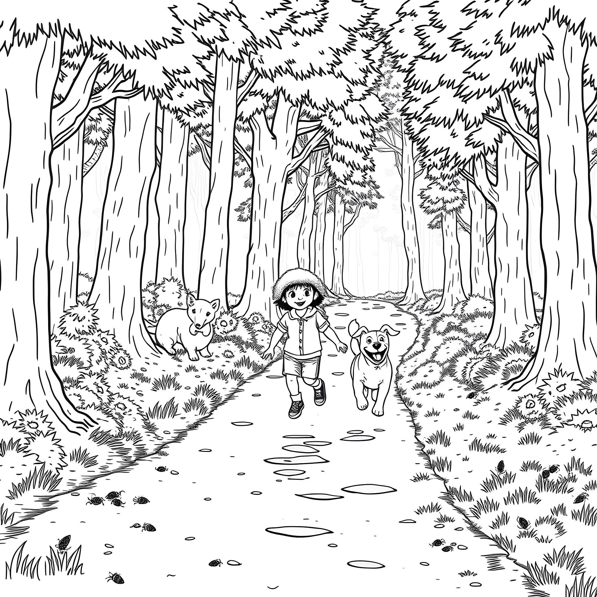 Kid explores mysterious forest with animal companions Coloring Page (free black-and-white line drawing printable PDF for all, from beginners to advanced learners, including children, teens, adults, and seniors)
