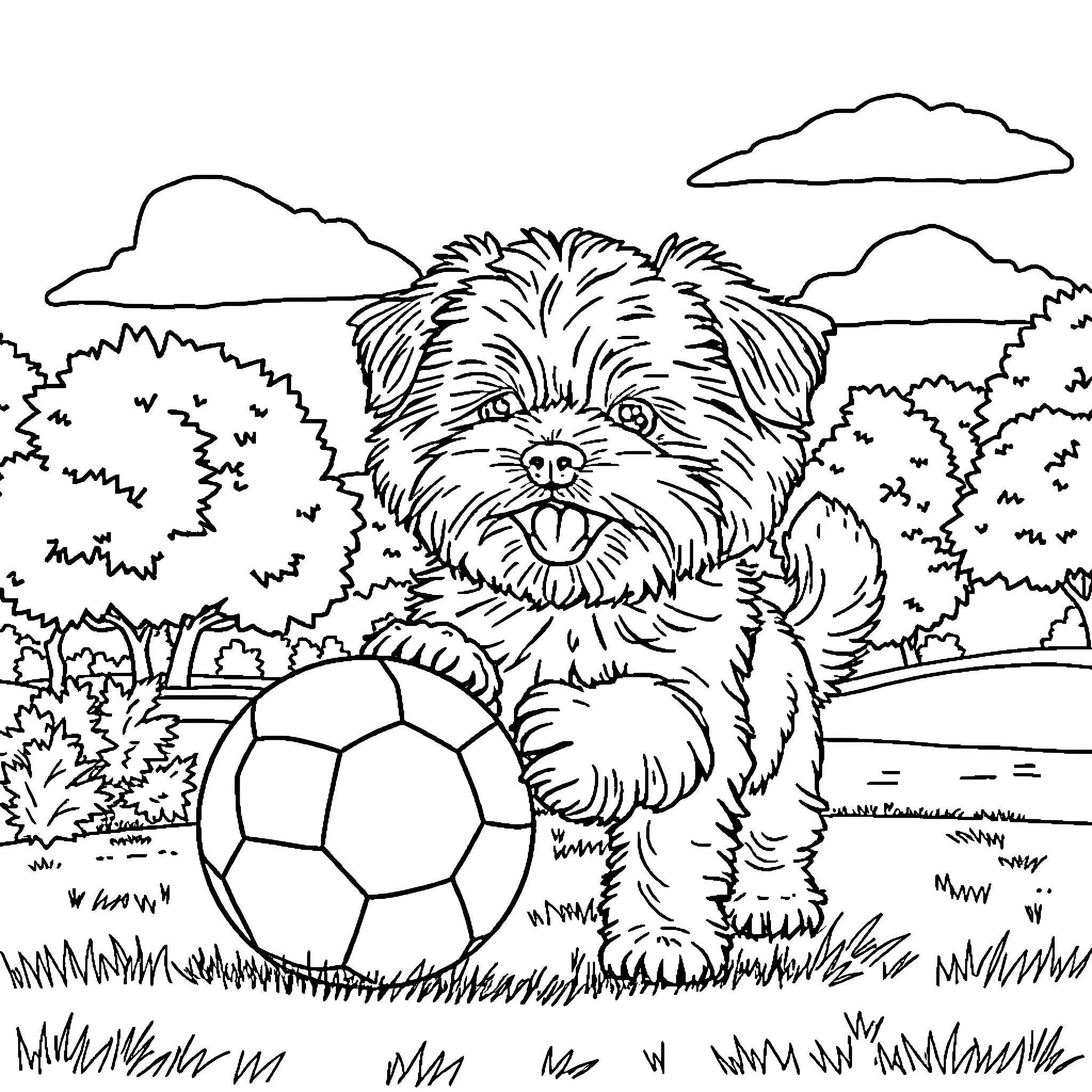 Cavapoo playing joyfully with soccer ball in outdoor scene Coloring Page (free black-and-white line drawing printable PDF for all, from beginners to advanced learners, including children, teens, adults, and seniors)
