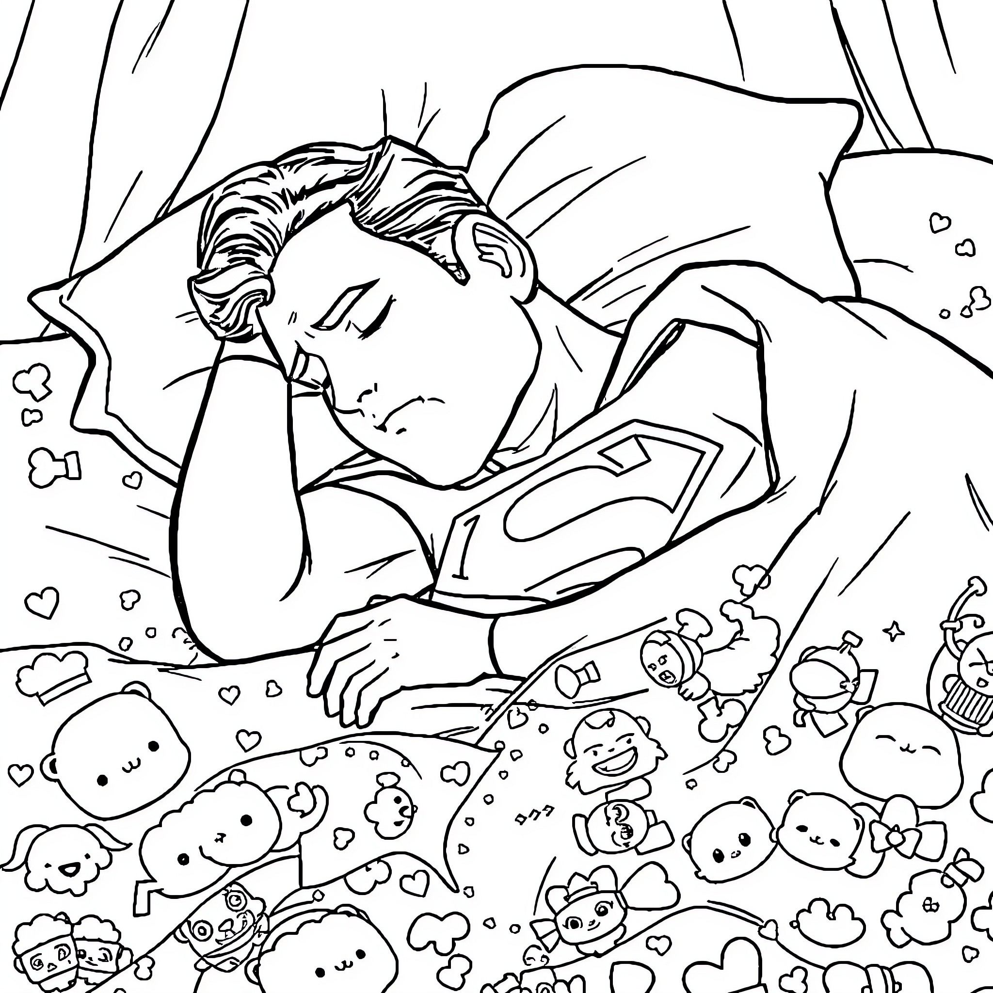 Superman resting peacefully with cute characters Coloring Page (free black-and-white line drawing printable PDF for all, from beginners to advanced learners, including children, teens, adults, and seniors)
