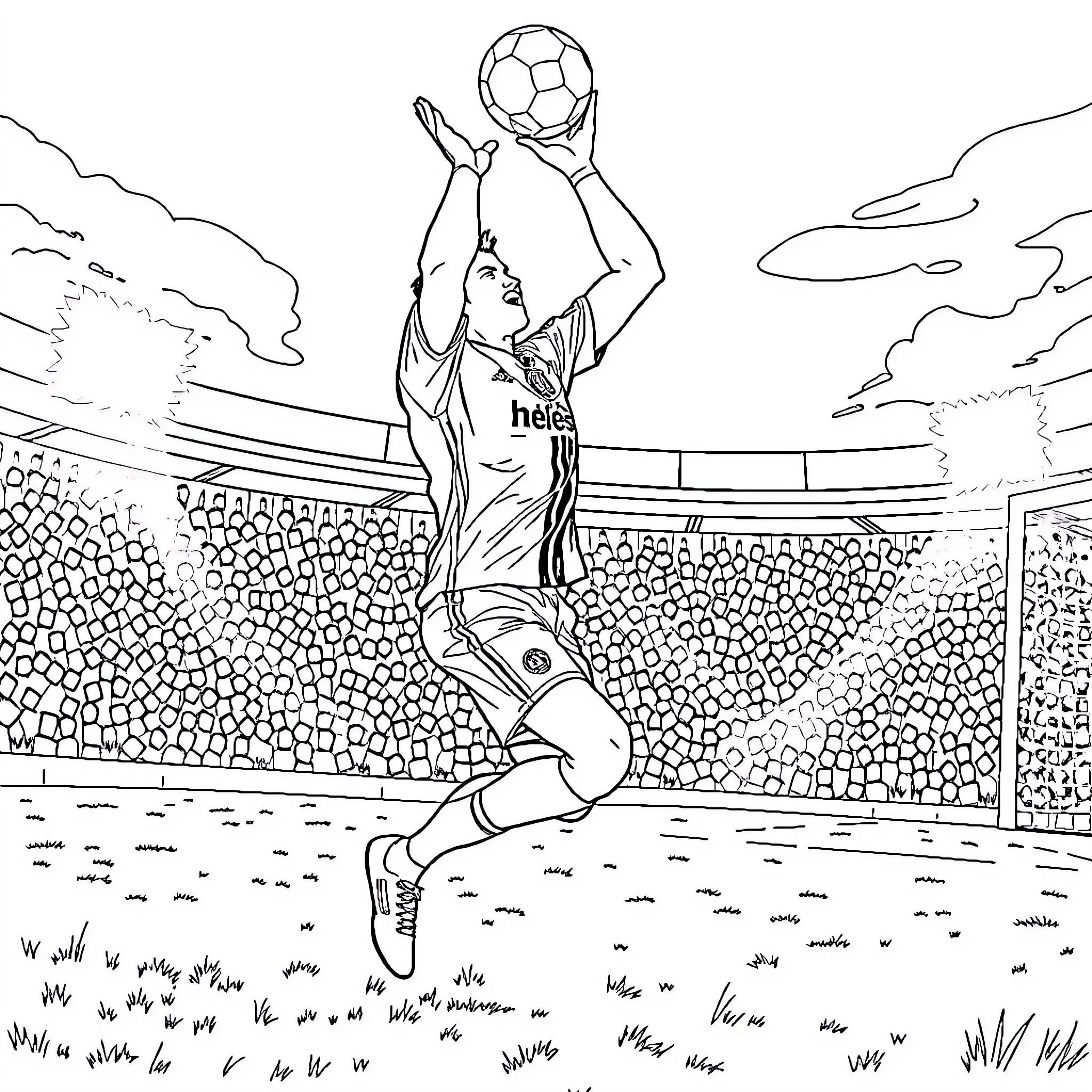 Bateador leaps for the ball on the soccer field Coloring Page (free black-and-white line drawing printable PDF for all, from beginners to advanced learners, including children, teens, adults, and seniors)