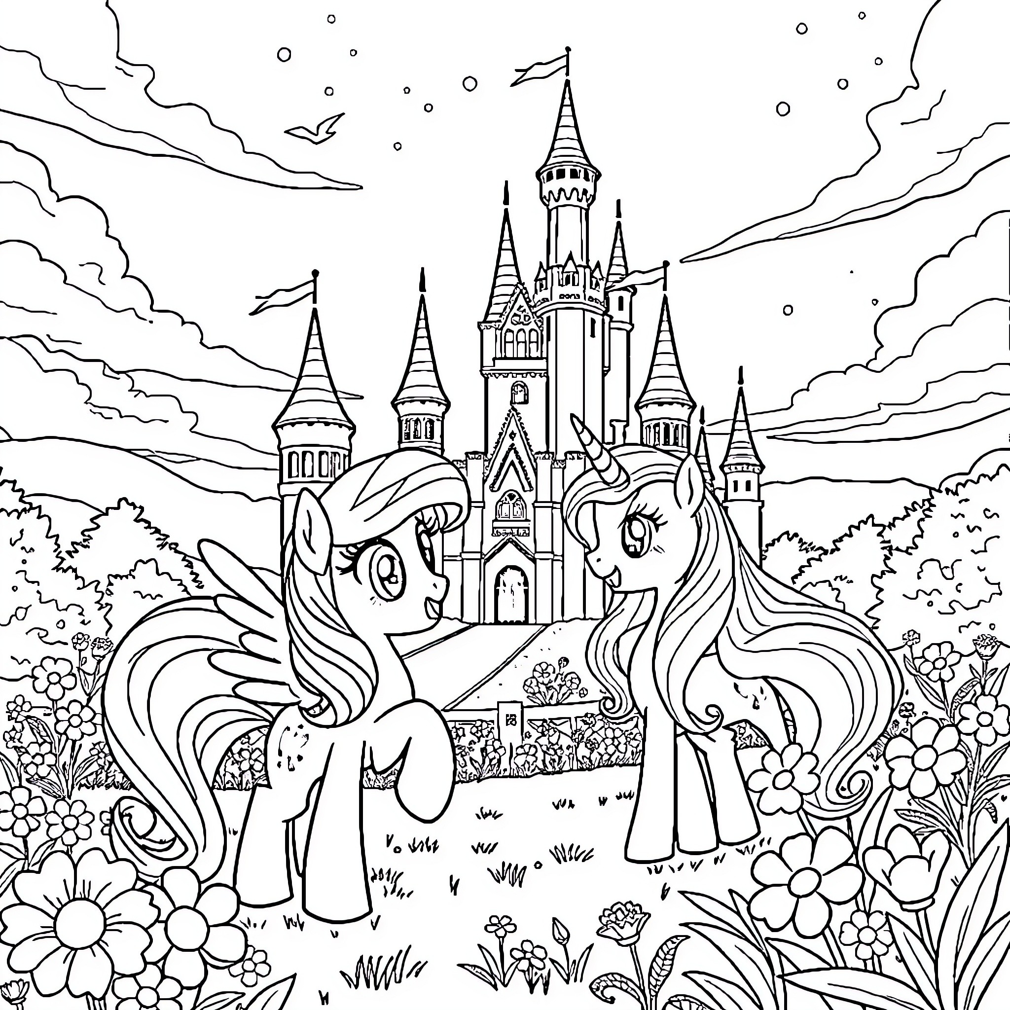 Twilight at the Fantasy Castle Coloring Page (free black-and-white line drawing printable PDF for all, from beginners to advanced learners, including children, teens, adults, and seniors)