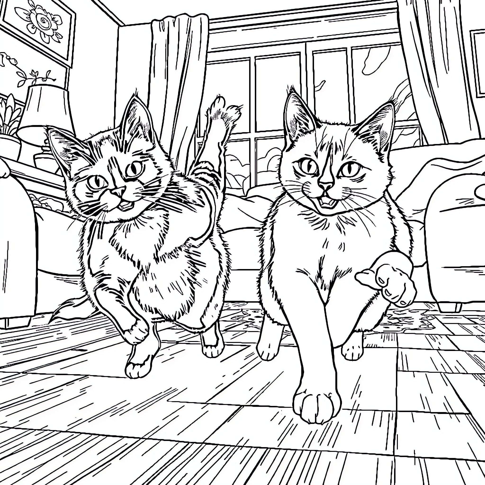 Bombay Cats posing together in a cozy room Coloring Page (free black-and-white line drawing printable PDF for all, from beginners to advanced learners, including children, teens, adults, and seniors)