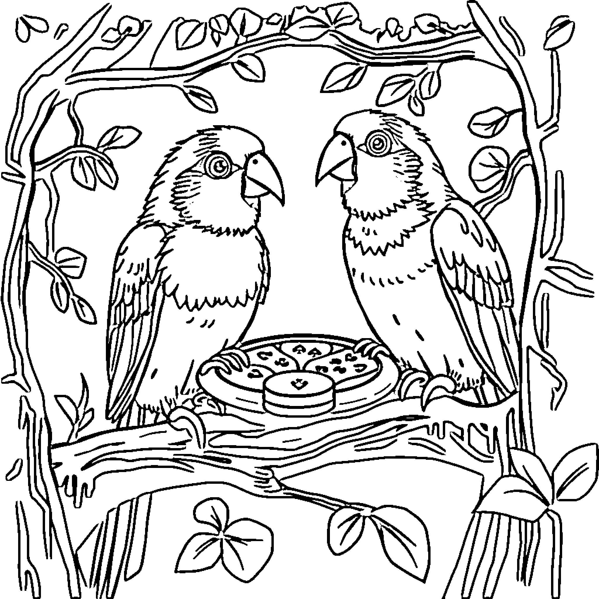 Bird couple nesting in a tree Coloring Page (free black-and-white line drawing printable PDF for all, from beginners to advanced learners, including children, teens, adults, and seniors)
