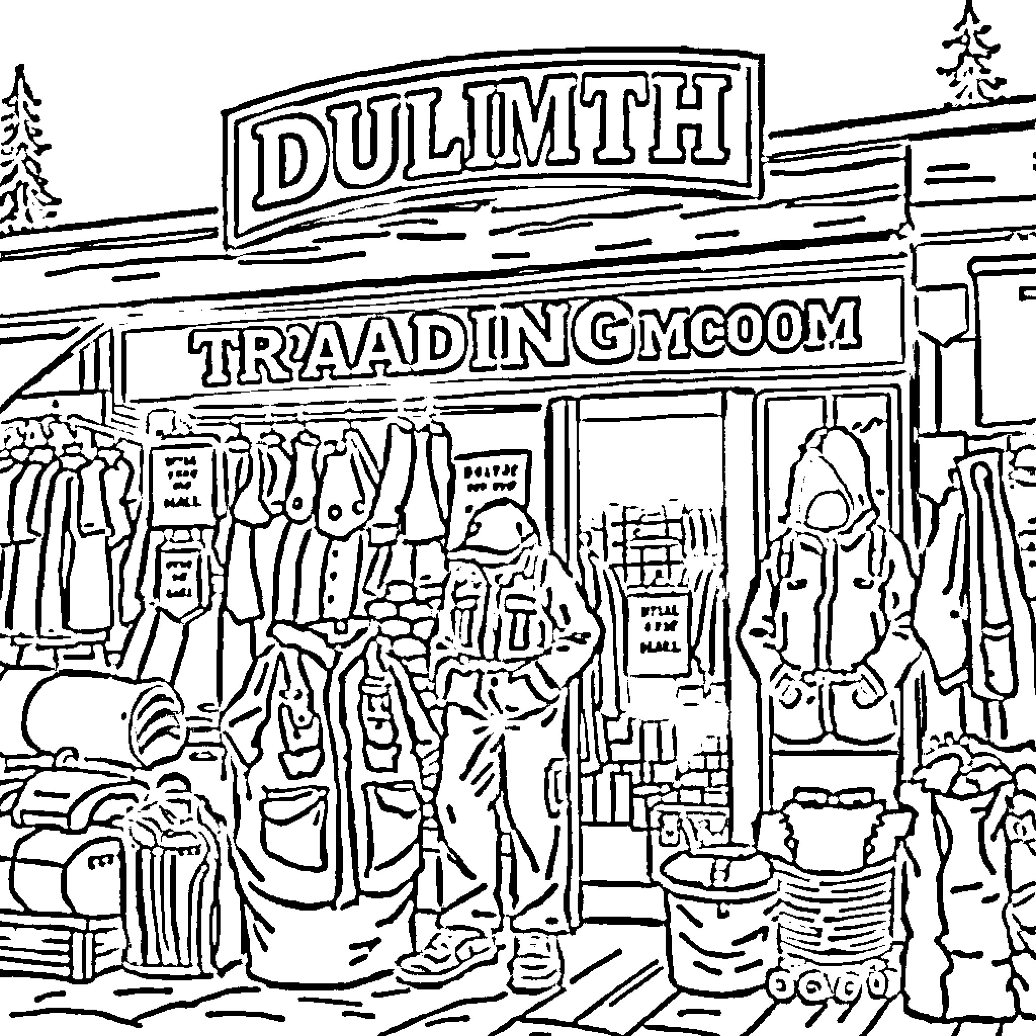 Duluth Trading Company storefront with merchandise display Coloring Page (free black-and-white line drawing printable PDF for all, from beginners to advanced learners, including children, teens, adults, and seniors)