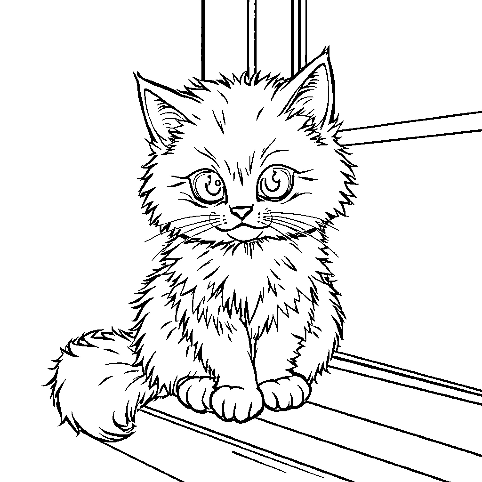 Cat sitting on wooden planks Coloring Page (free black-and-white line drawing printable PDF for all, from beginners to advanced learners, including children, teens, adults, and seniors)