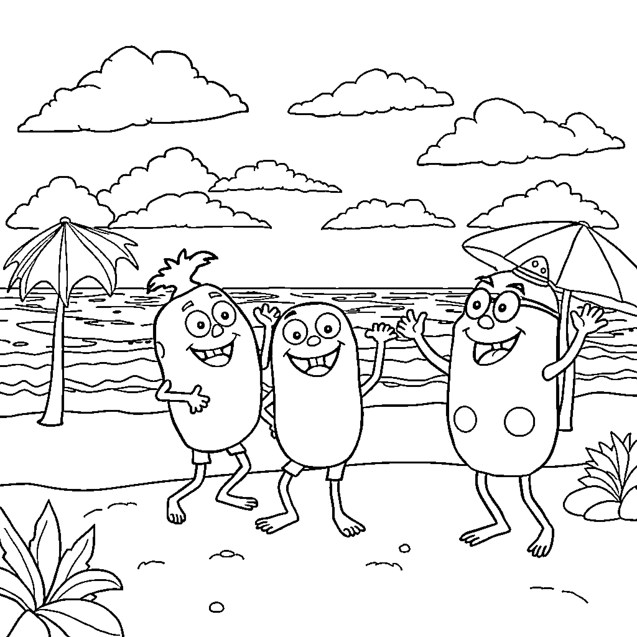 Gabby's Silly Beach Adventure Coloring Page (free black-and-white line drawing printable PDF for all, from beginners to advanced learners, including children, teens, adults, and seniors)