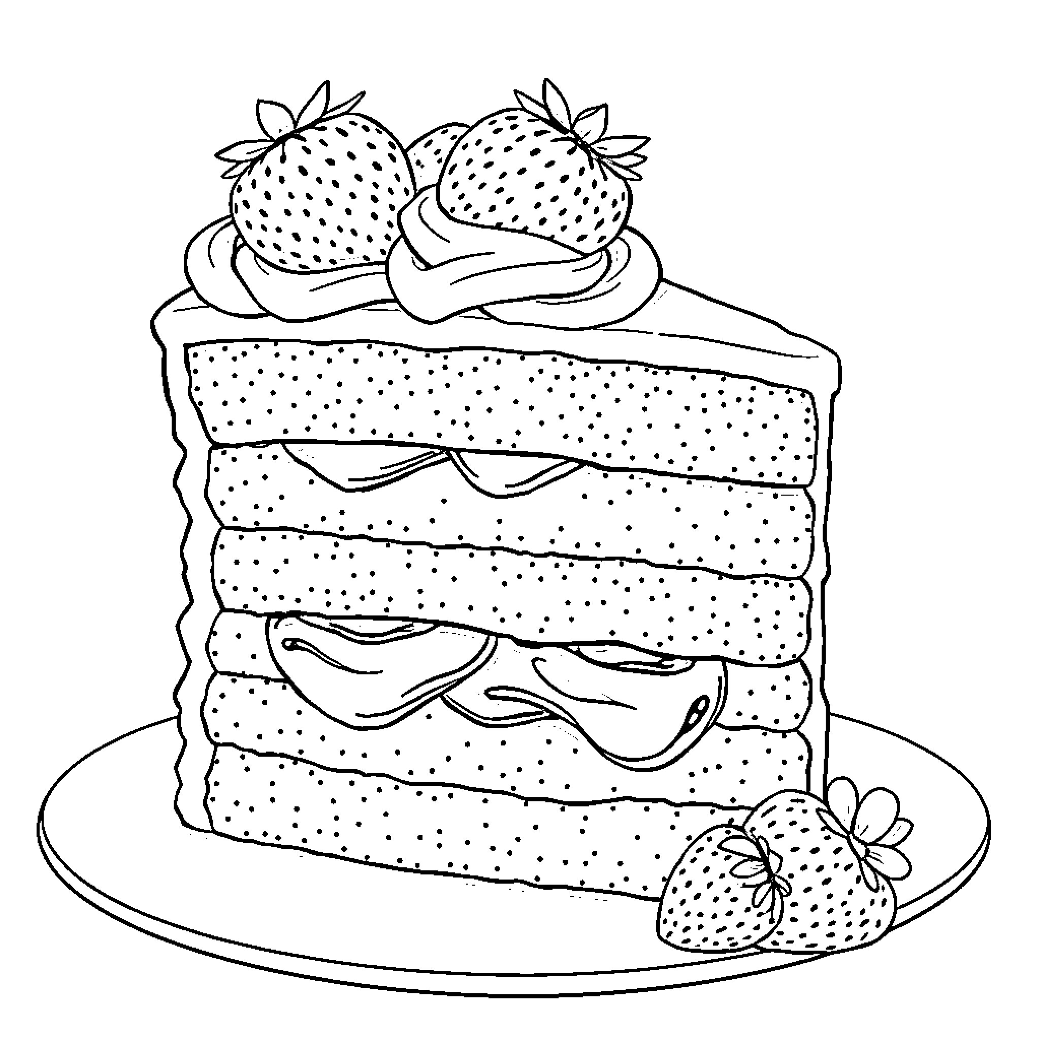 Strawberry Cake with Cream Topping Coloring Page (free black-and-white line drawing printable PDF for all, from beginners to advanced learners, including children, teens, adults, and seniors)