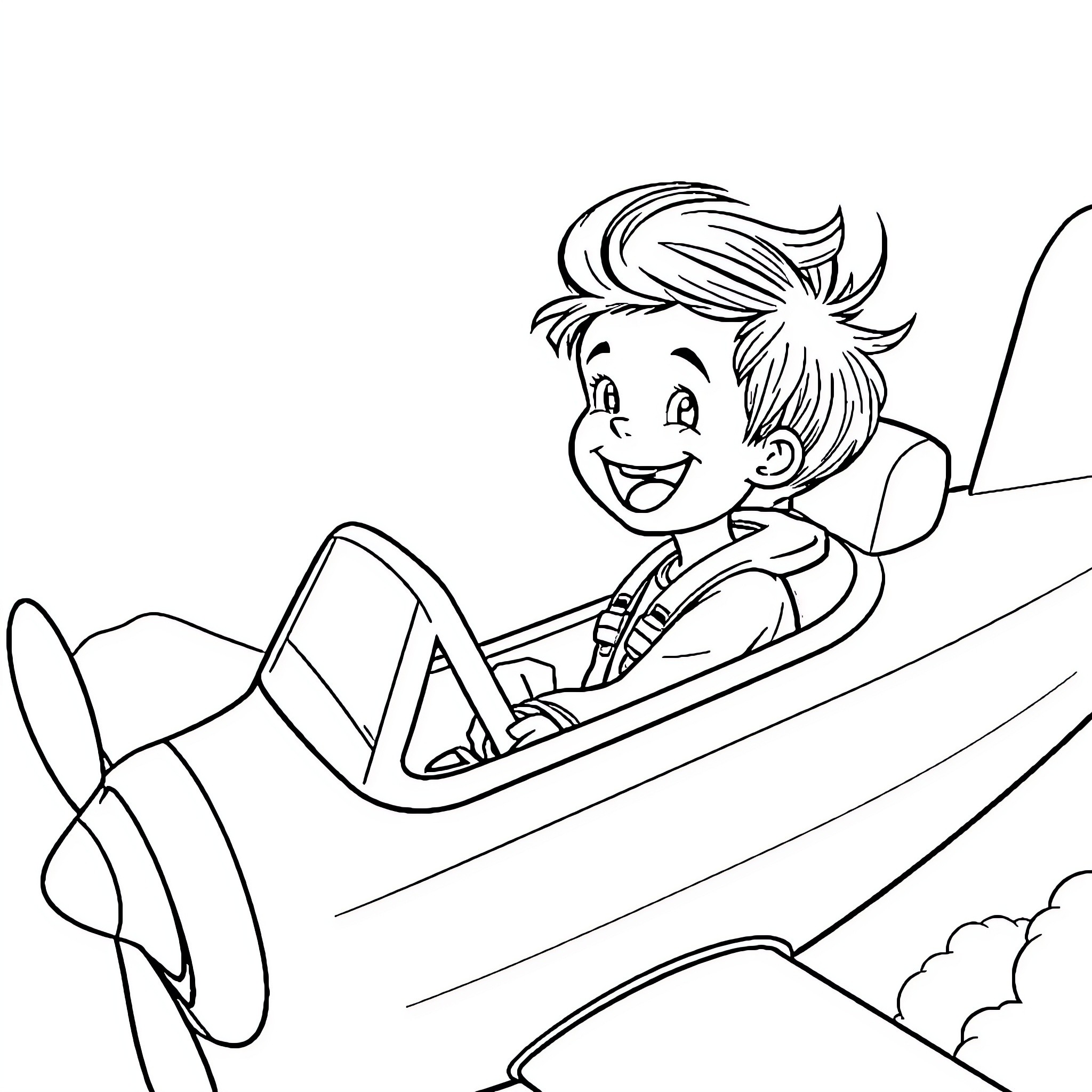 Boy riding a small airplane joyfully Coloring Page (free black-and-white line drawing printable PDF for all, from beginners to advanced learners, including children, teens, adults, and seniors)