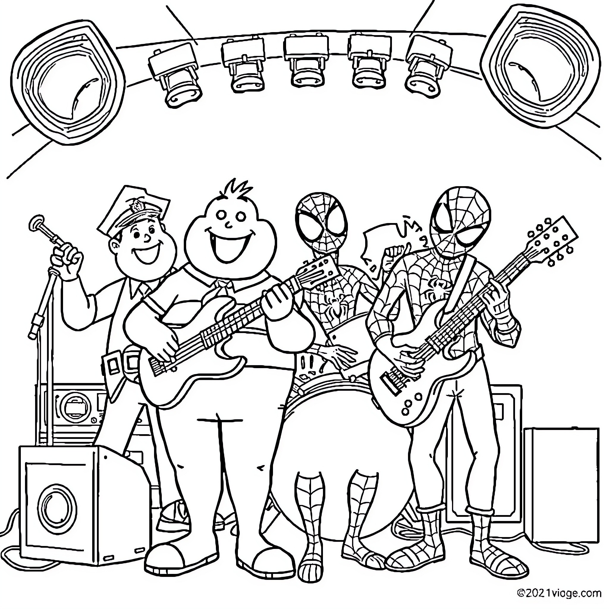 Captain Underpants and the Musical Superheroes' Concert Coloring Page (free black-and-white line drawing printable PDF for all, from beginners to advanced learners, including children, teens, adults, and seniors)