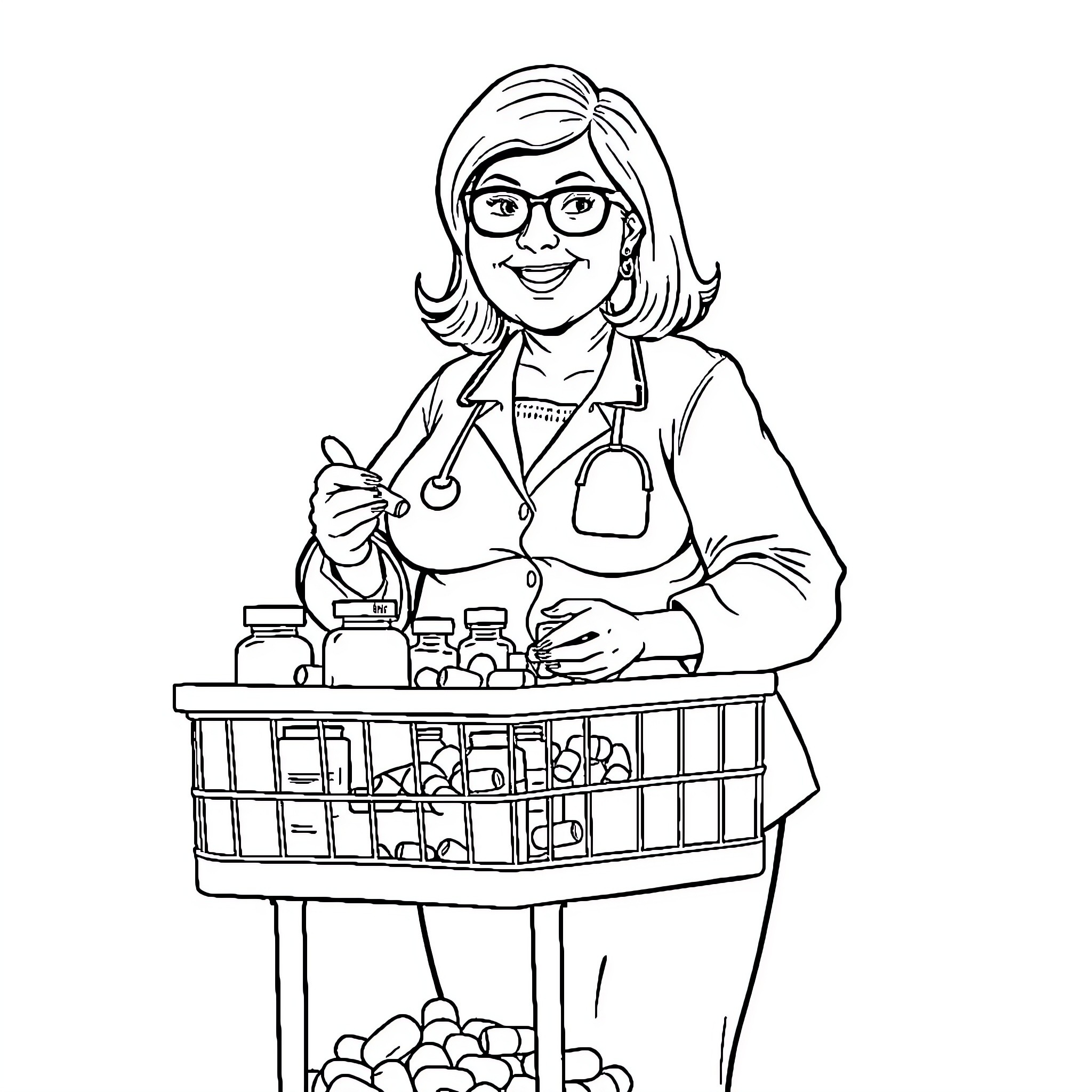 Lady with a Medical Basket Smiling Happily Coloring Page (free black-and-white line drawing printable PDF for all, from beginners to advanced learners, including children, teens, adults, and seniors)