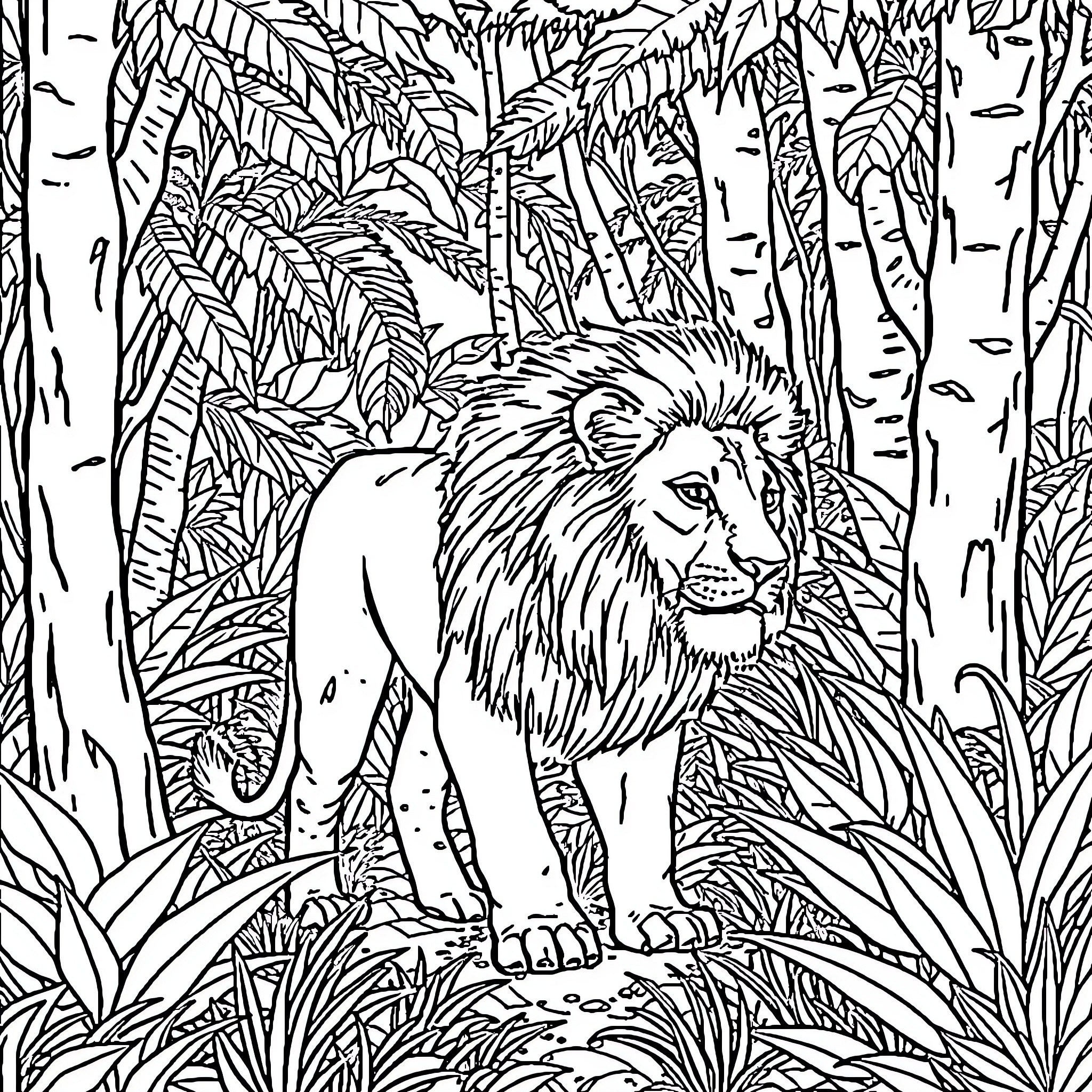 Lion in a Lush Jungle Landscape Coloring Page (free black-and-white line drawing printable PDF for all, from beginners to advanced learners, including children, teens, adults, and seniors)