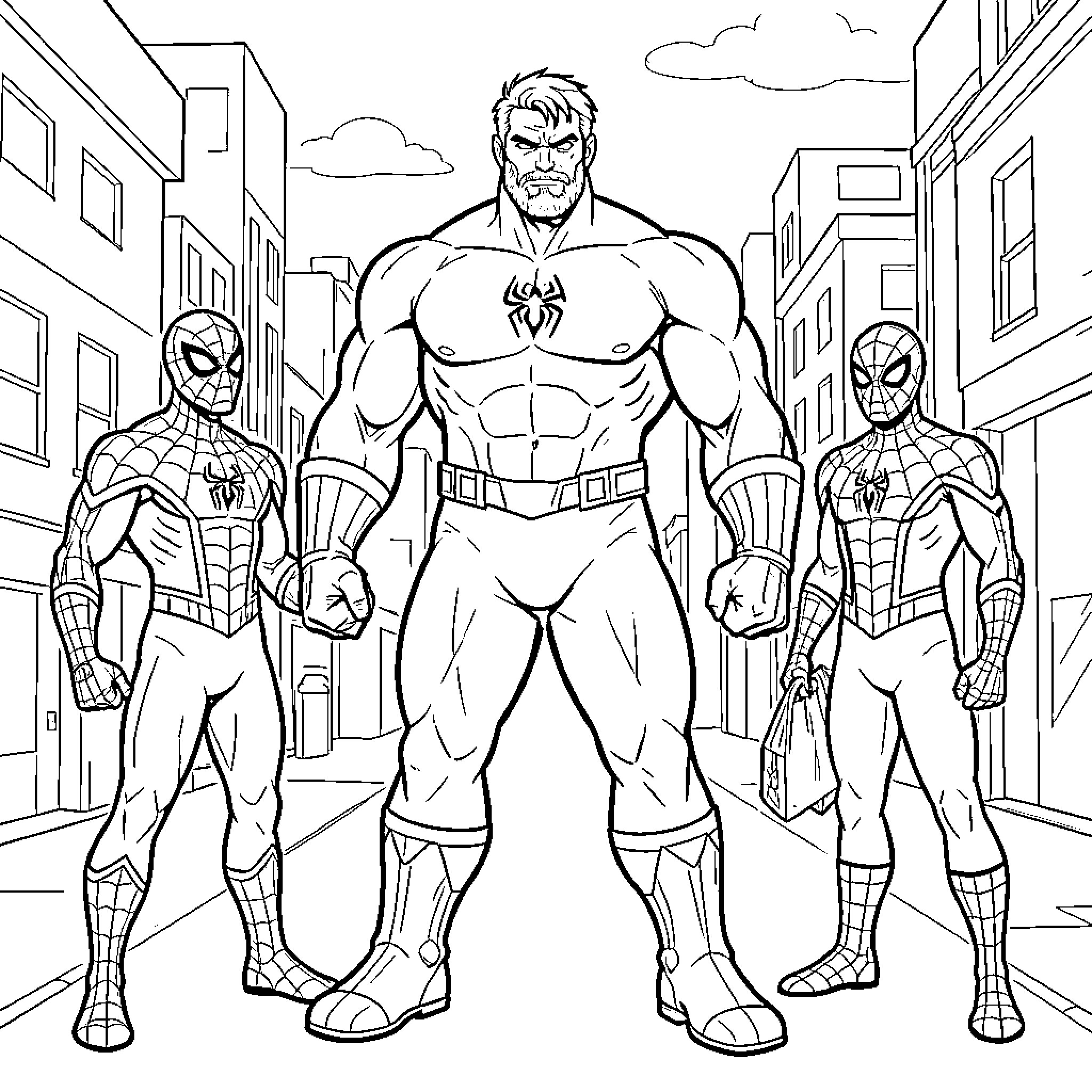 Hulk standing heroically between two Spider-Men in a city Coloring Page (free black-and-white line drawing printable PDF for all, from beginners to advanced learners, including children, teens, adults, and seniors)