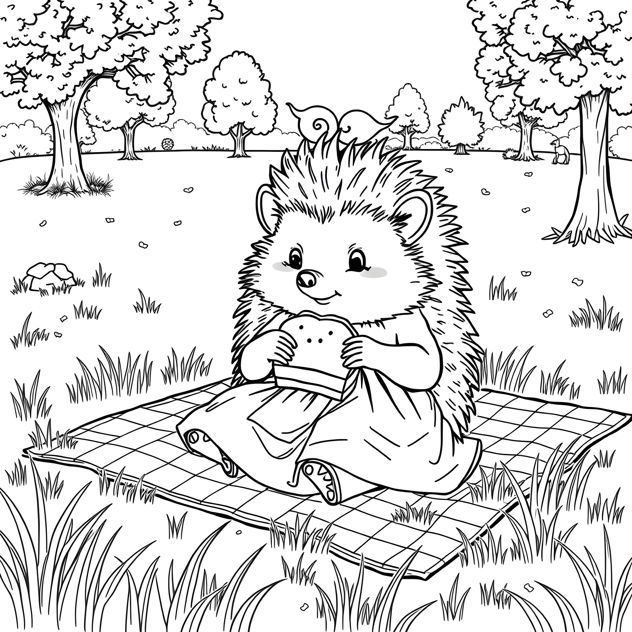 Hedgehog enjoying a picnic in the park Coloring Page (free black-and-white line drawing printable PDF for all, from beginners to advanced learners, including children, teens, adults, and seniors)