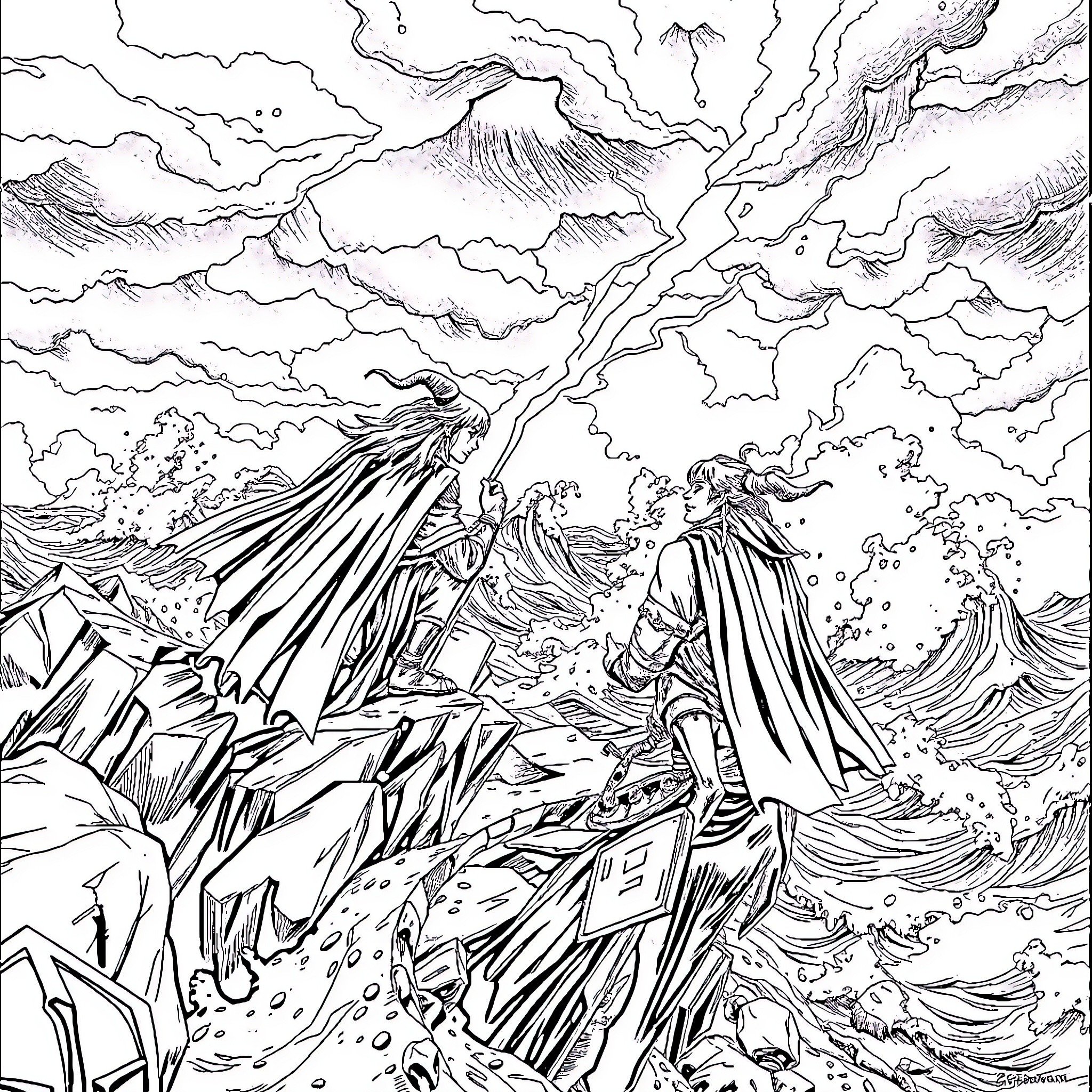 Xebec Storm Amidst Mystical Figures Coloring Page (free black-and-white line drawing printable PDF for all, from beginners to advanced learners, including children, teens, adults, and seniors)