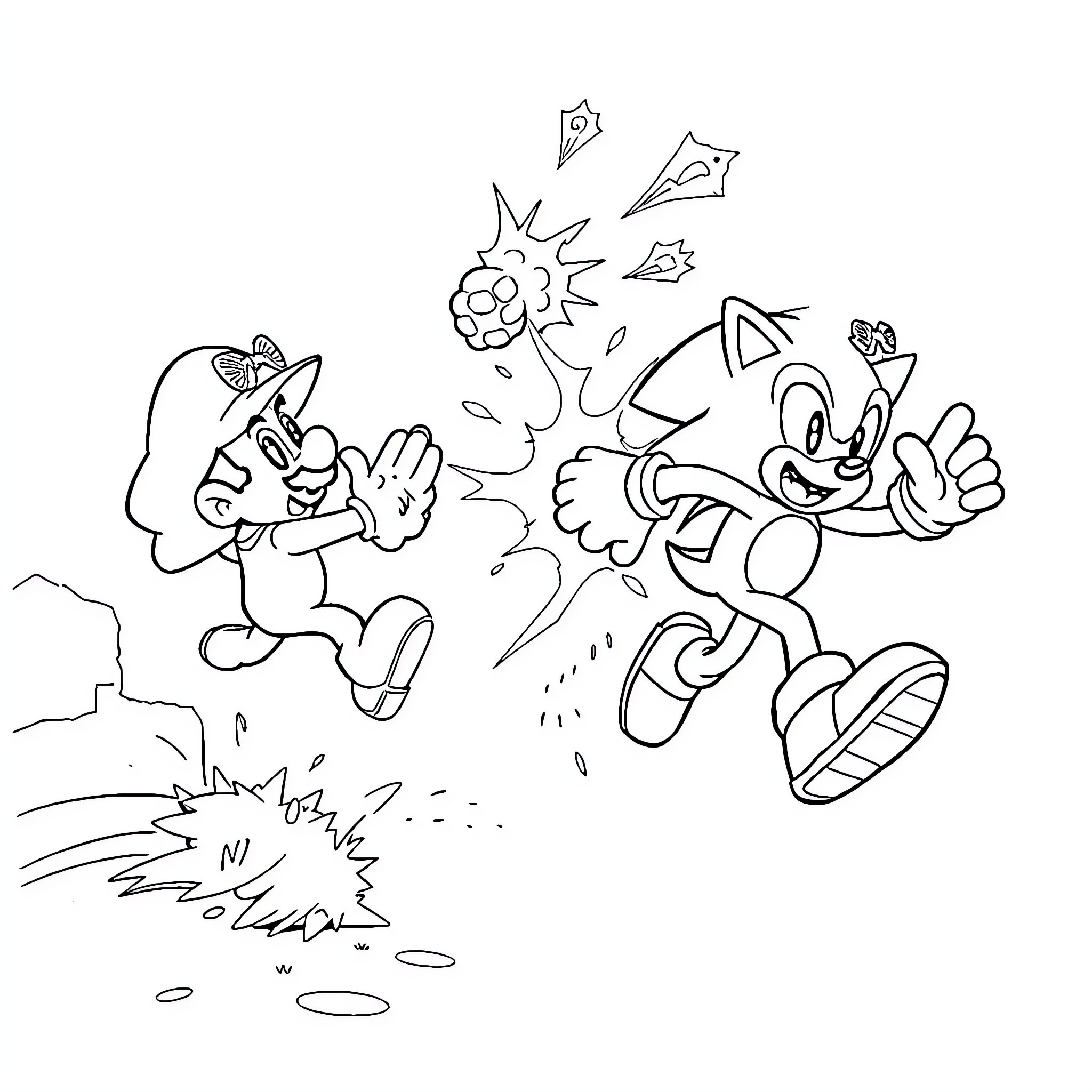 Sonic characters in energetic action scene Coloring Page (free black-and-white line drawing printable PDF for all, from beginners to advanced learners, including children, teens, adults, and seniors)