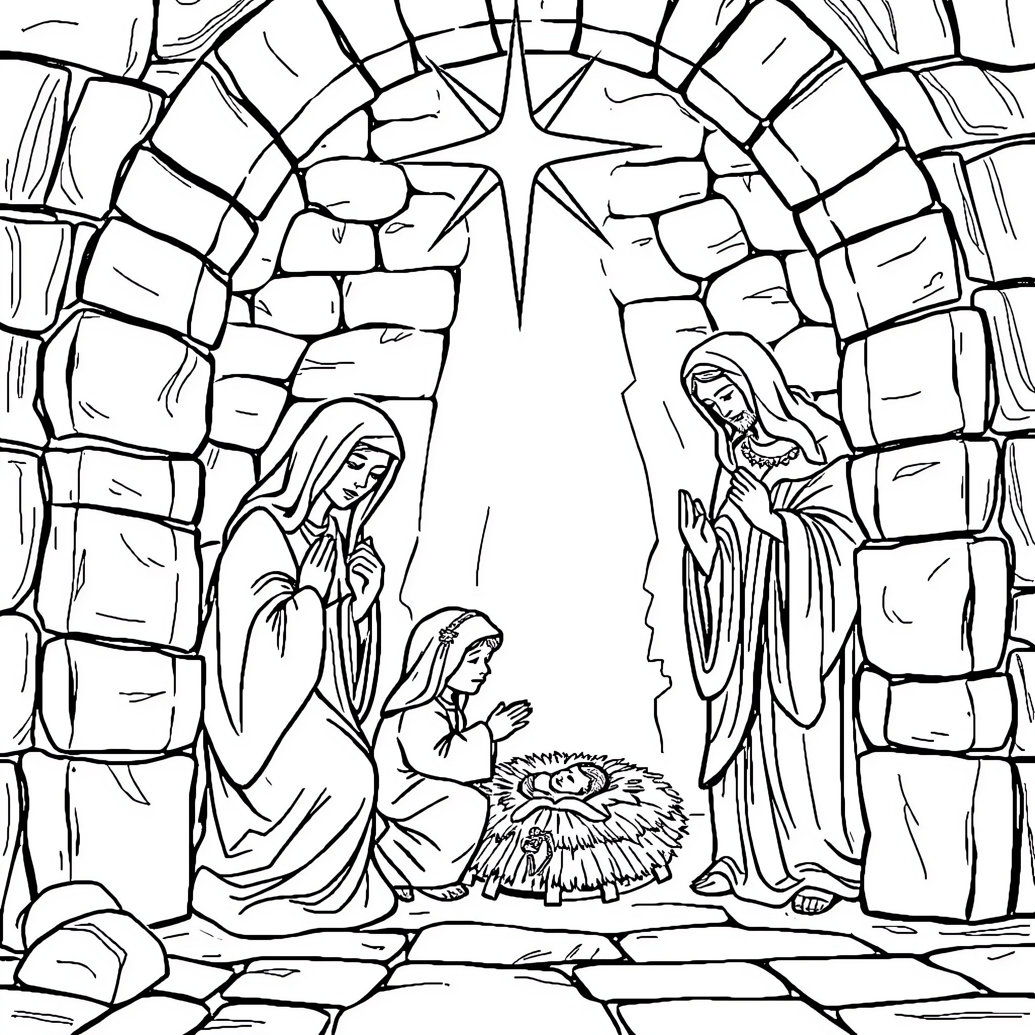 Niño Jesús: The Nativity Scene in a Stained Glass Window Coloring Page (free black-and-white line drawing printable PDF for all, from beginners to advanced learners, including children, teens, adults, and seniors)