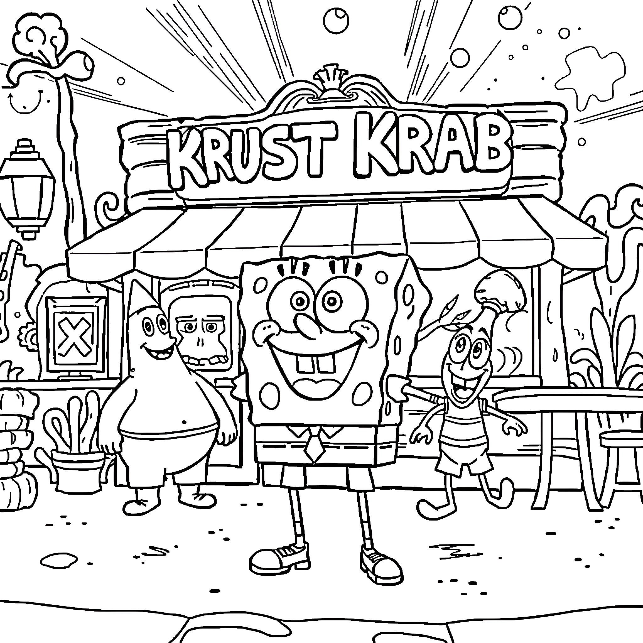 Spongebob and friends at the Krust Krab restaurant Coloring Page (free black-and-white line drawing printable PDF for all, from beginners to advanced learners, including children, teens, adults, and seniors)
