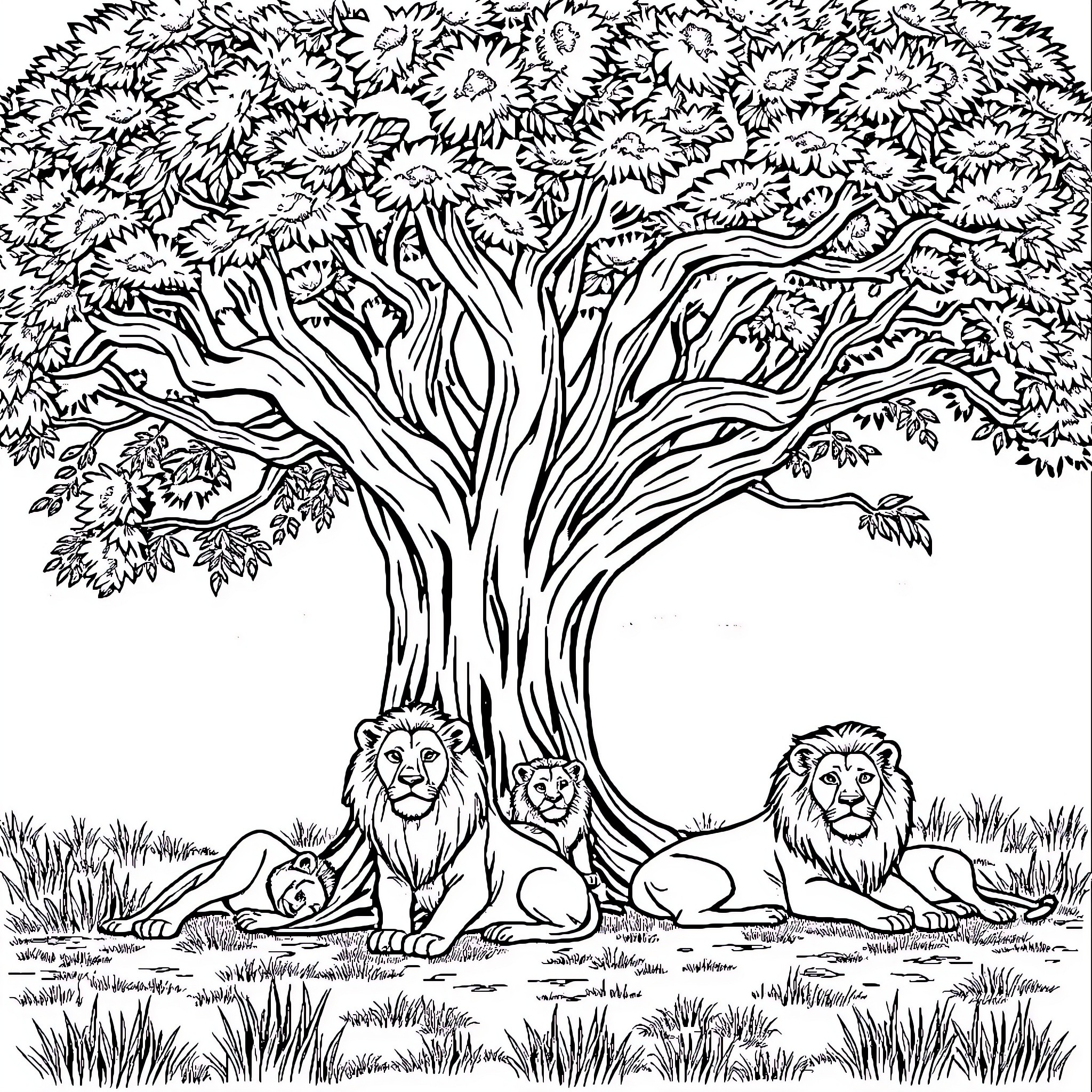 Lion family resting under a majestic tree Coloring Page (free black-and-white line drawing printable PDF for all, from beginners to advanced learners, including children, teens, adults, and seniors)