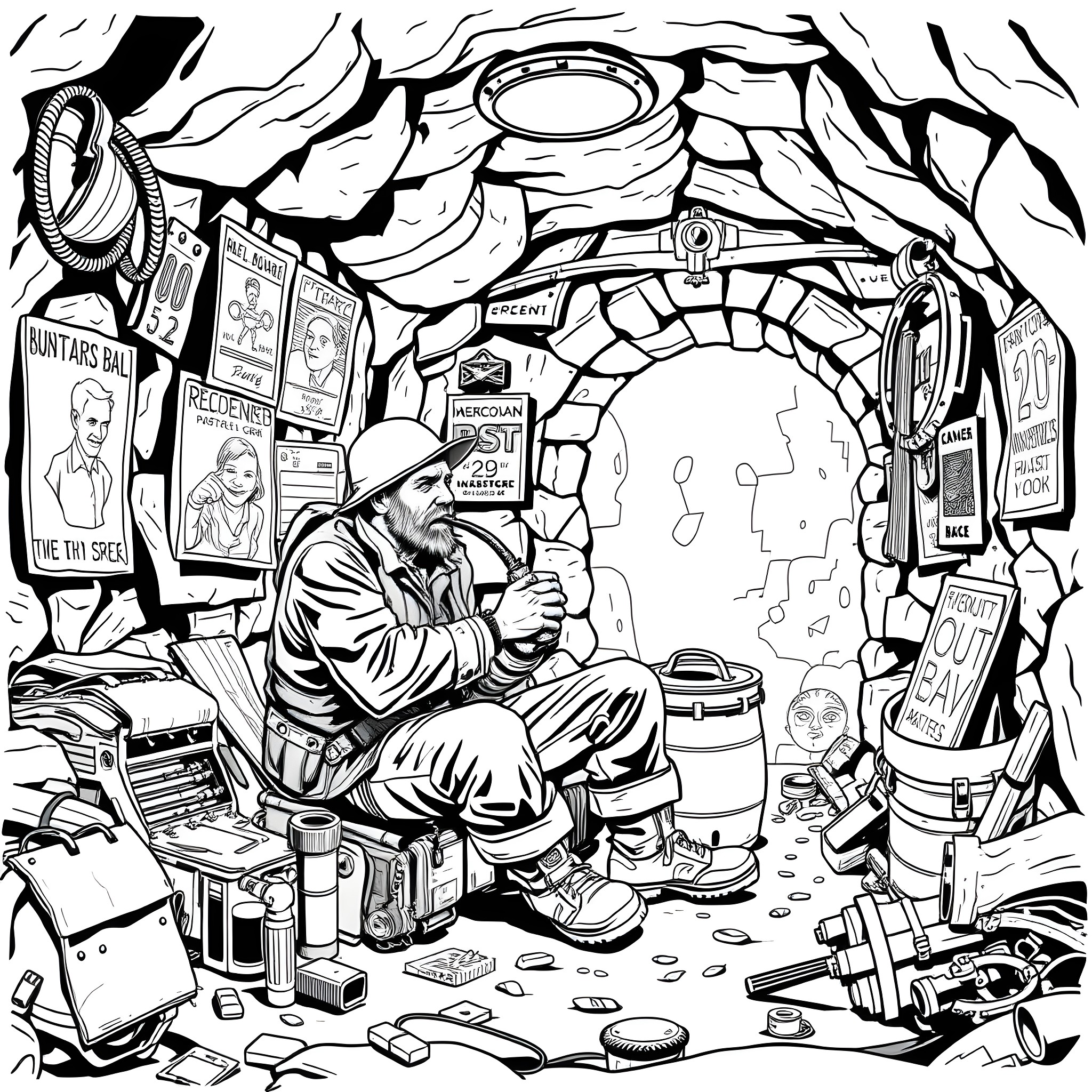 Vault Dweller exploring a mysterious underground shelter Coloring Page (free black-and-white line drawing printable PDF for all, from beginners to advanced learners, including children, teens, adults, and seniors)