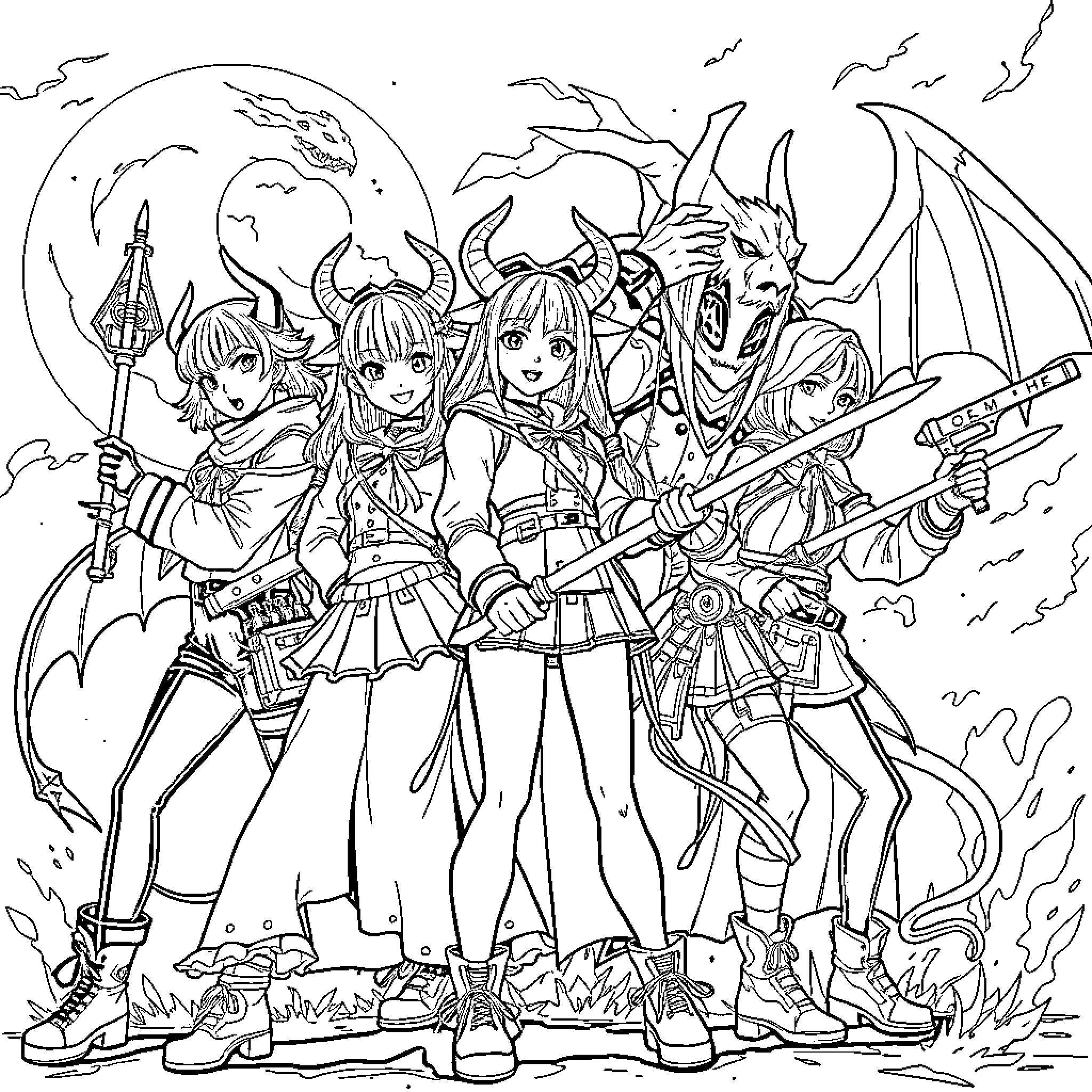 Rumi's Fantastical Adventure with Magical Companions Coloring Page (free black-and-white line drawing printable PDF for all, from beginners to advanced learners, including children, teens, adults, and seniors)