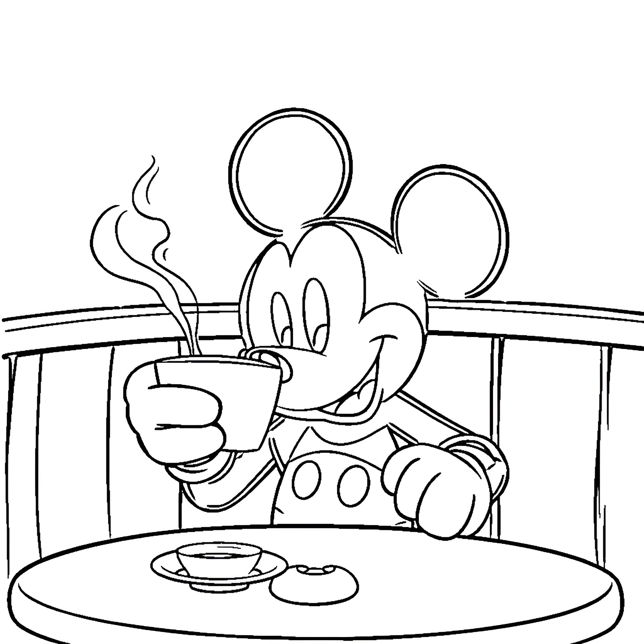 Mickey Mouse enjoying a hot beverage Coloring Page (free black-and-white line drawing printable PDF for all, from beginners to advanced learners, including children, teens, adults, and seniors)