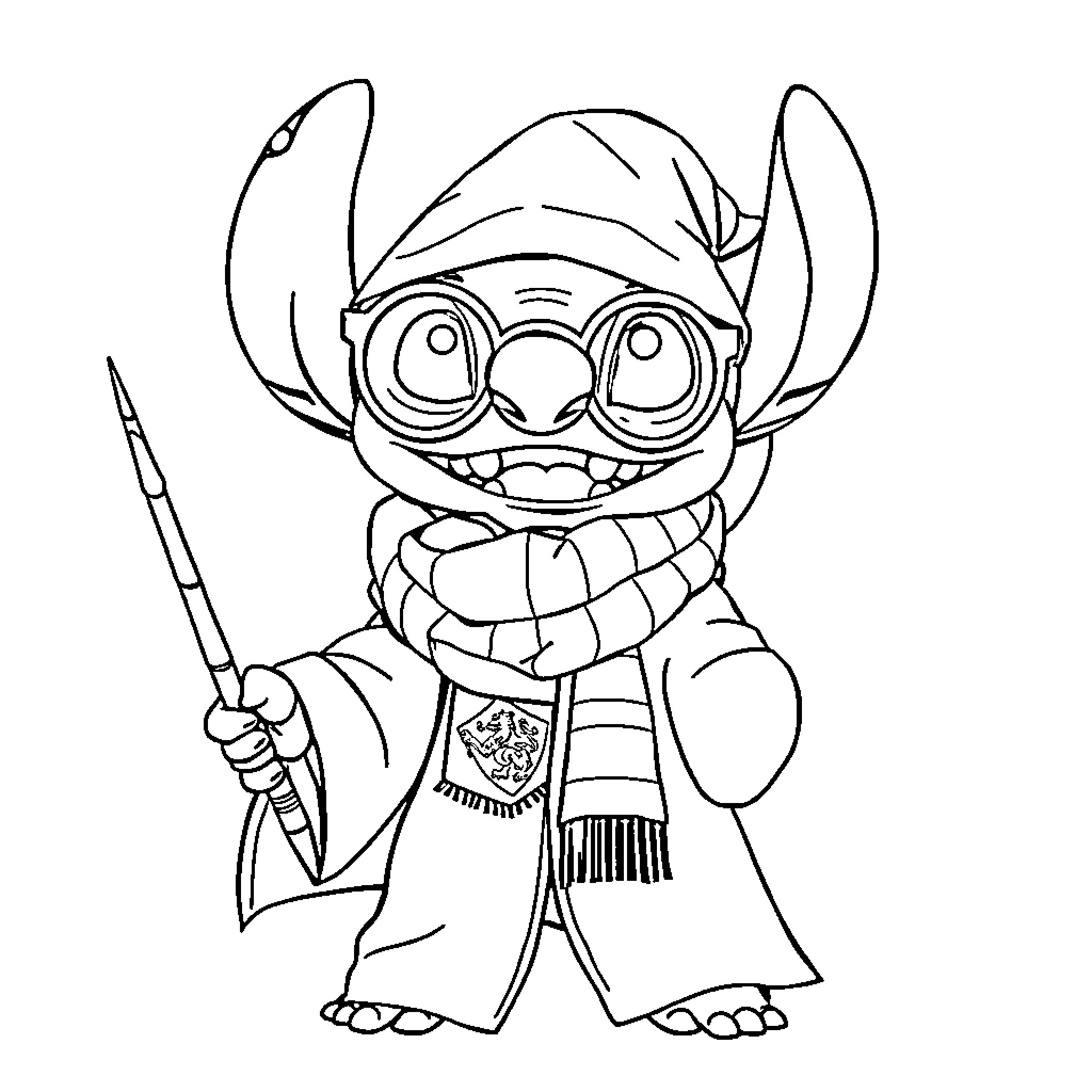 Stitch dressed in winter attire and holding a pencil Coloring Page (free black-and-white line drawing printable PDF for all, from beginners to advanced learners, including children, teens, adults, and seniors)