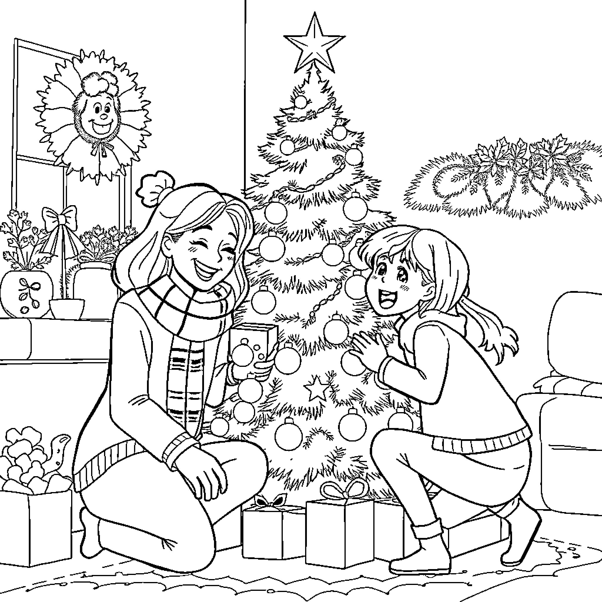 Family Decorating for Christmas with Smiles Coloring Page (free black-and-white line drawing printable PDF for all, from beginners to advanced learners, including children, teens, adults, and seniors)