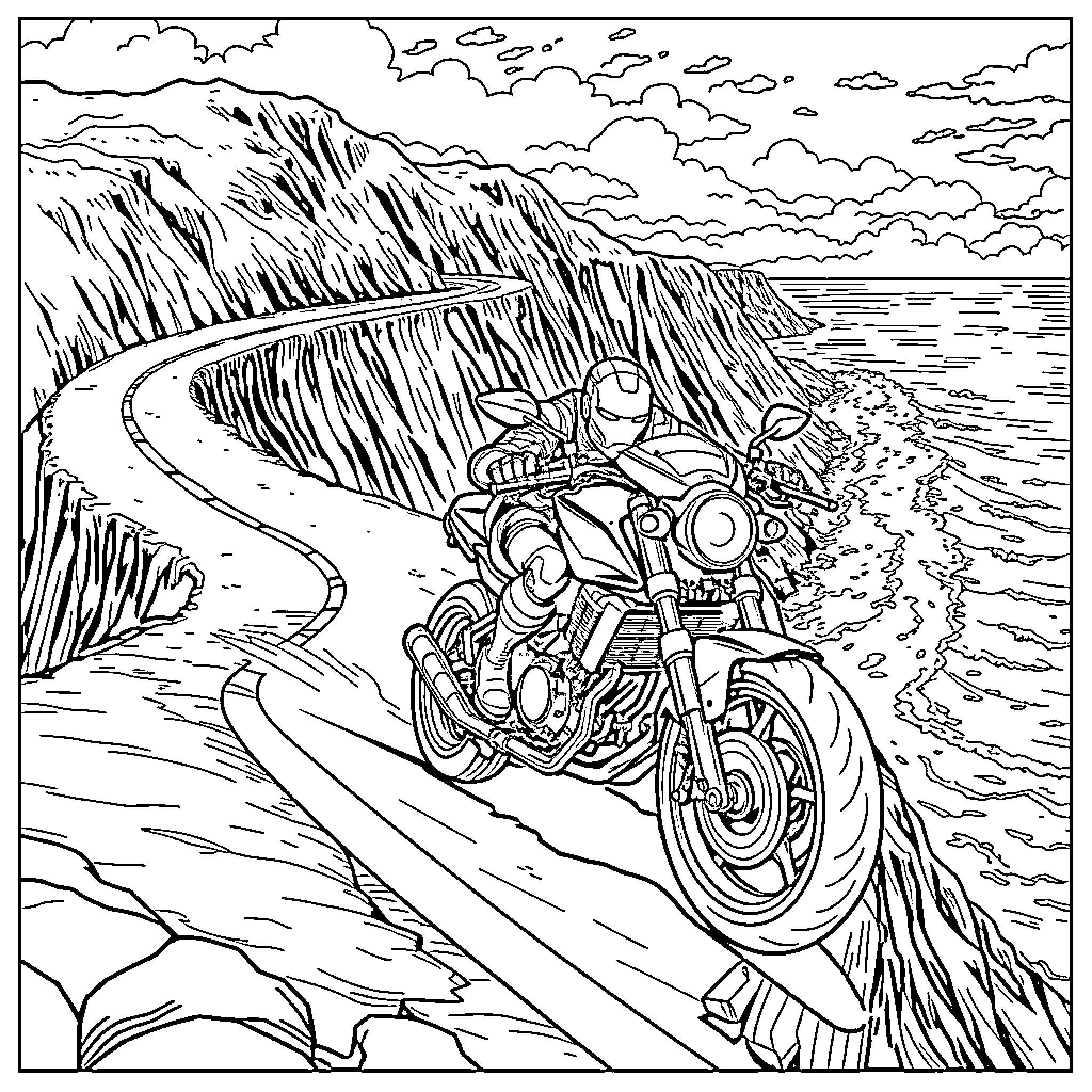 Ironman riding motorcycle on scenic mountain road Coloring Page (free black-and-white line drawing printable PDF for all, from beginners to advanced learners, including children, teens, adults, and seniors)