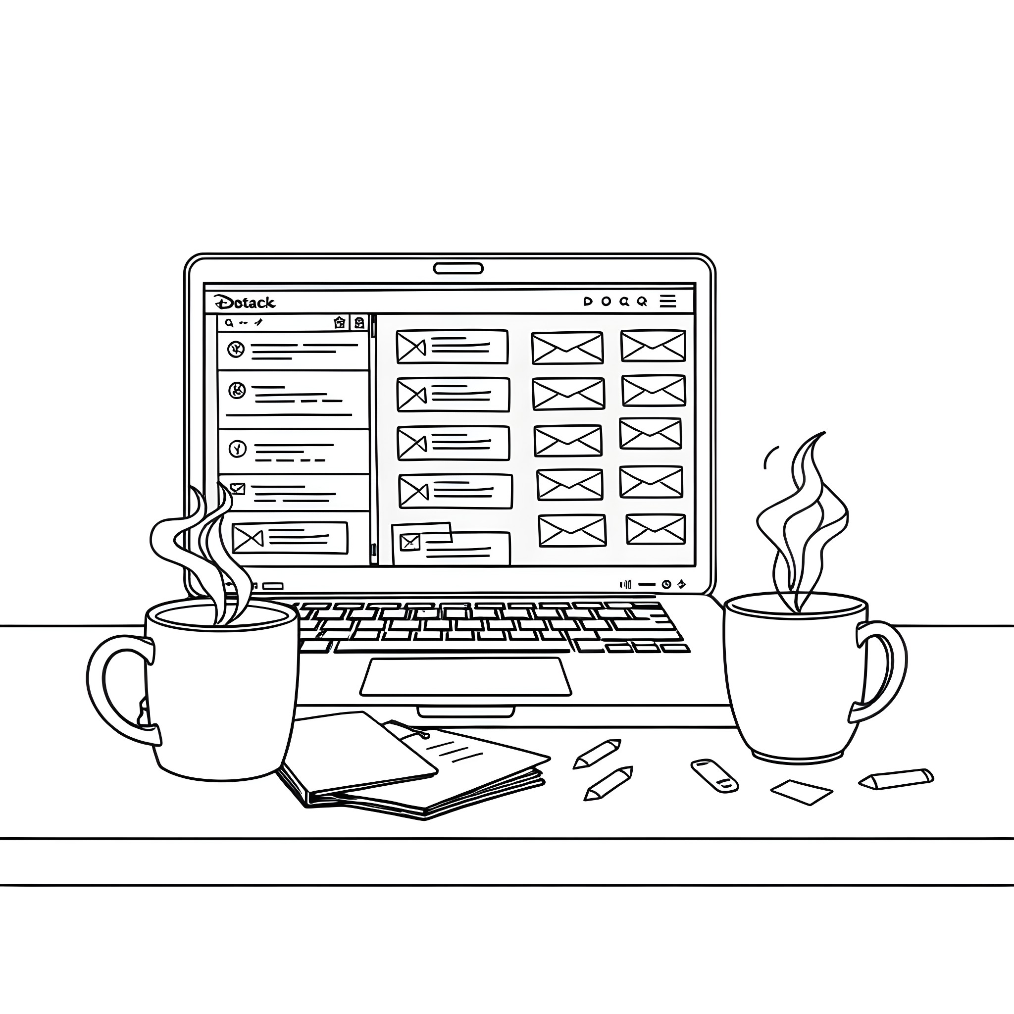 Email drafting workspace with laptop and coffee cups Coloring Page (free black-and-white line drawing printable PDF for all, from beginners to advanced learners, including children, teens, adults, and seniors)