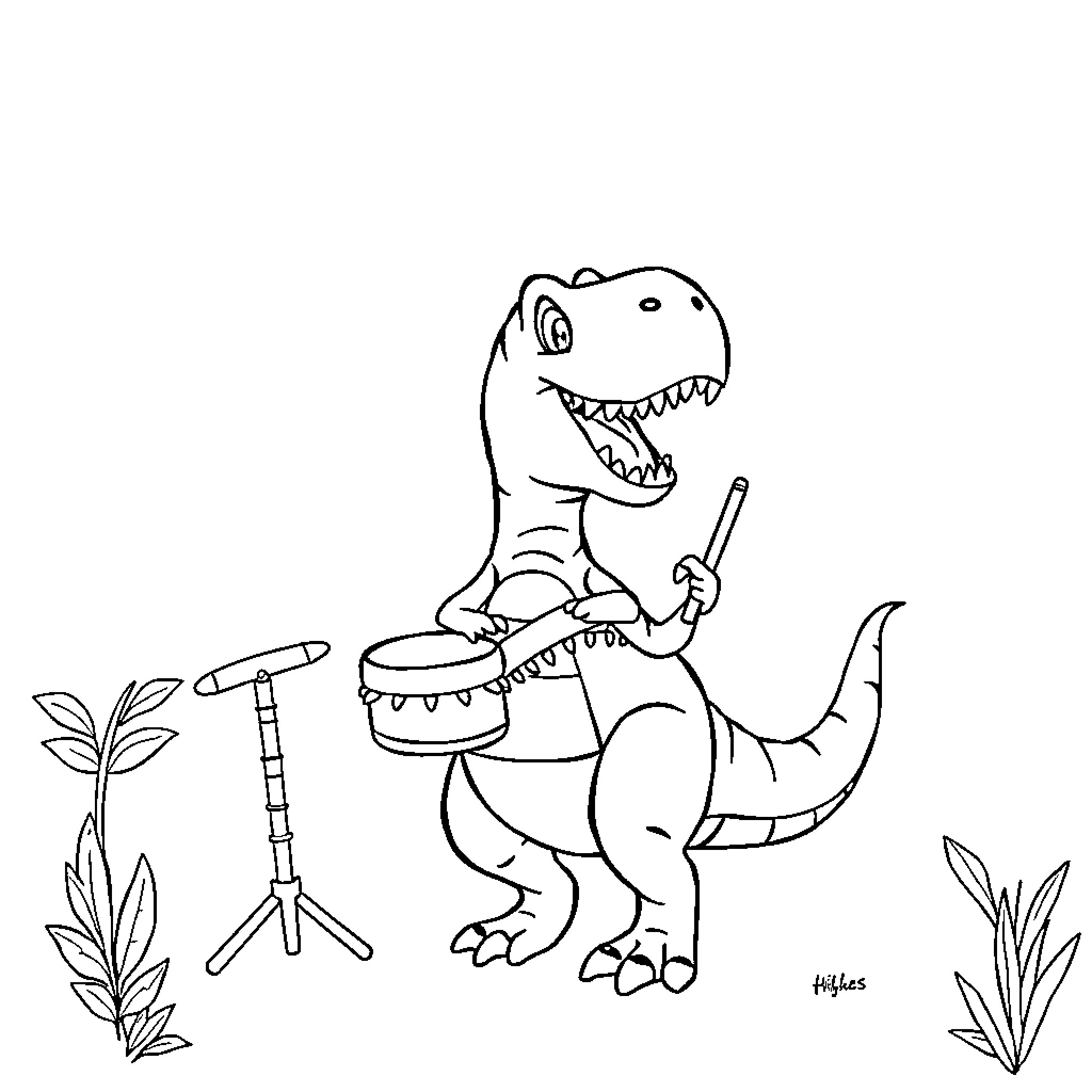 Dinosaur playing drums in the jungle Coloring Page (free black-and-white line drawing printable PDF for all, from beginners to advanced learners, including children, teens, adults, and seniors)