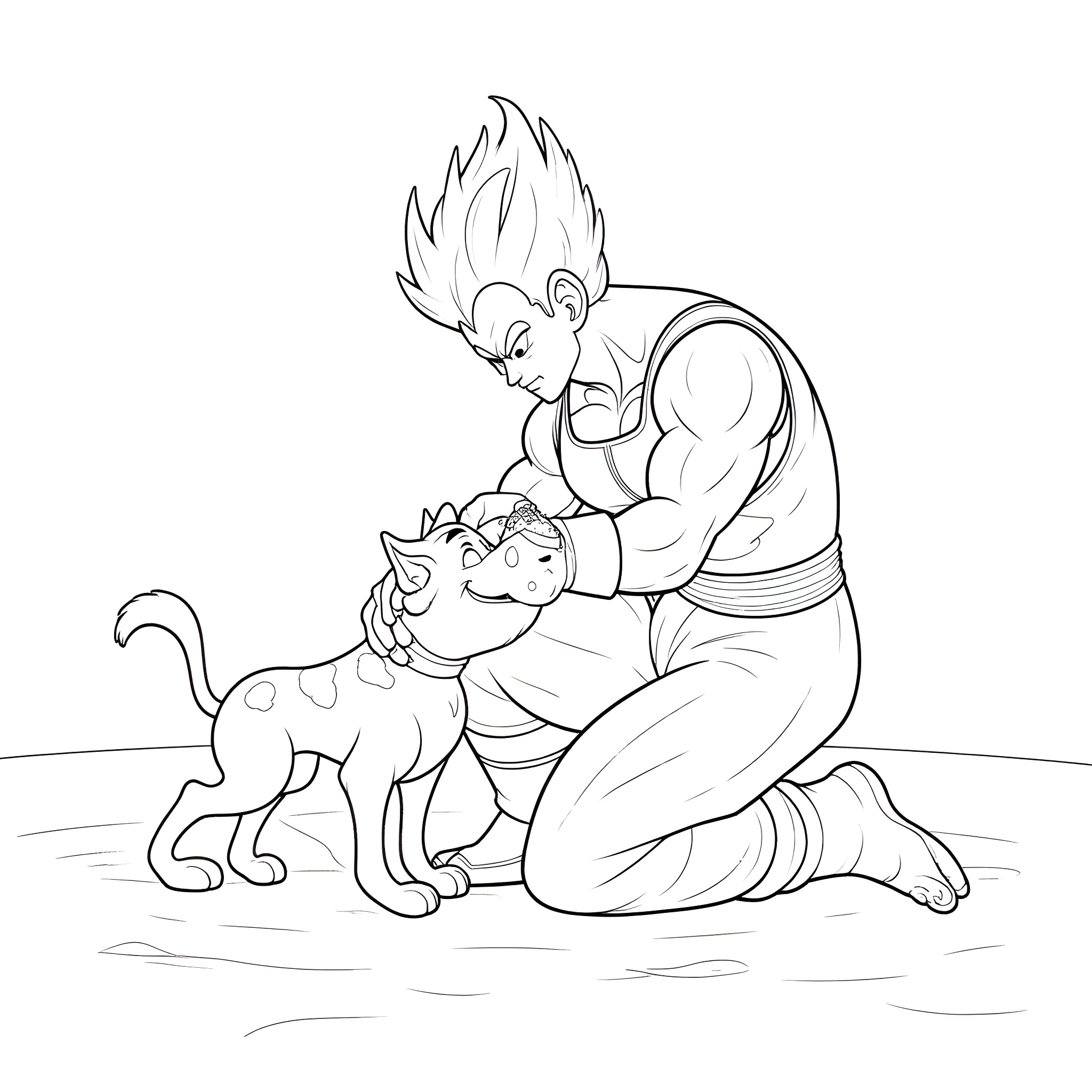 Vegeta consoling a companion in a tender moment Coloring Page (free black-and-white line drawing printable PDF for all, from beginners to advanced learners, including children, teens, adults, and seniors)