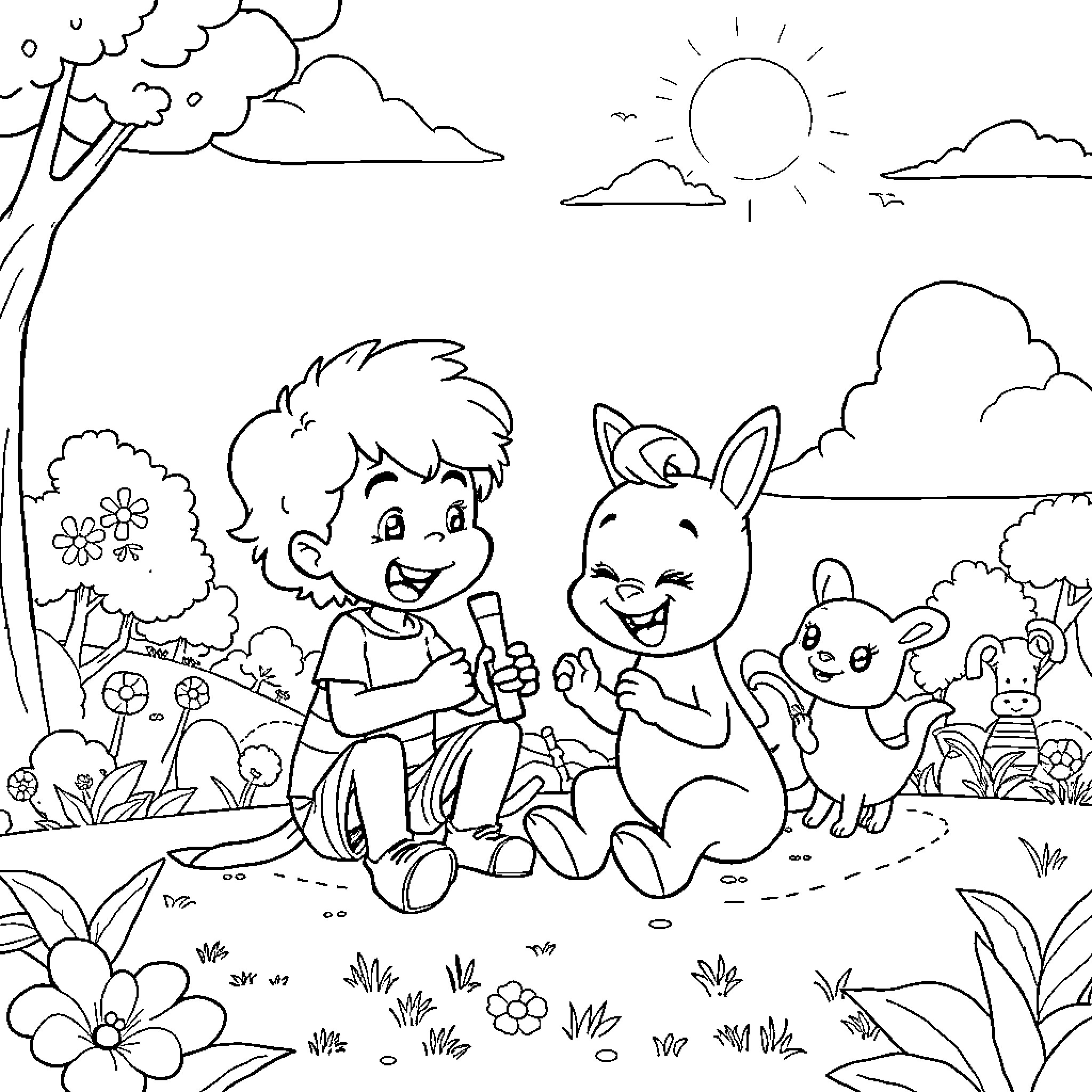 Mongoose playing joyfully with animal friends in the nature Coloring Page (free black-and-white line drawing printable PDF for all, from beginners to advanced learners, including children, teens, adults, and seniors)