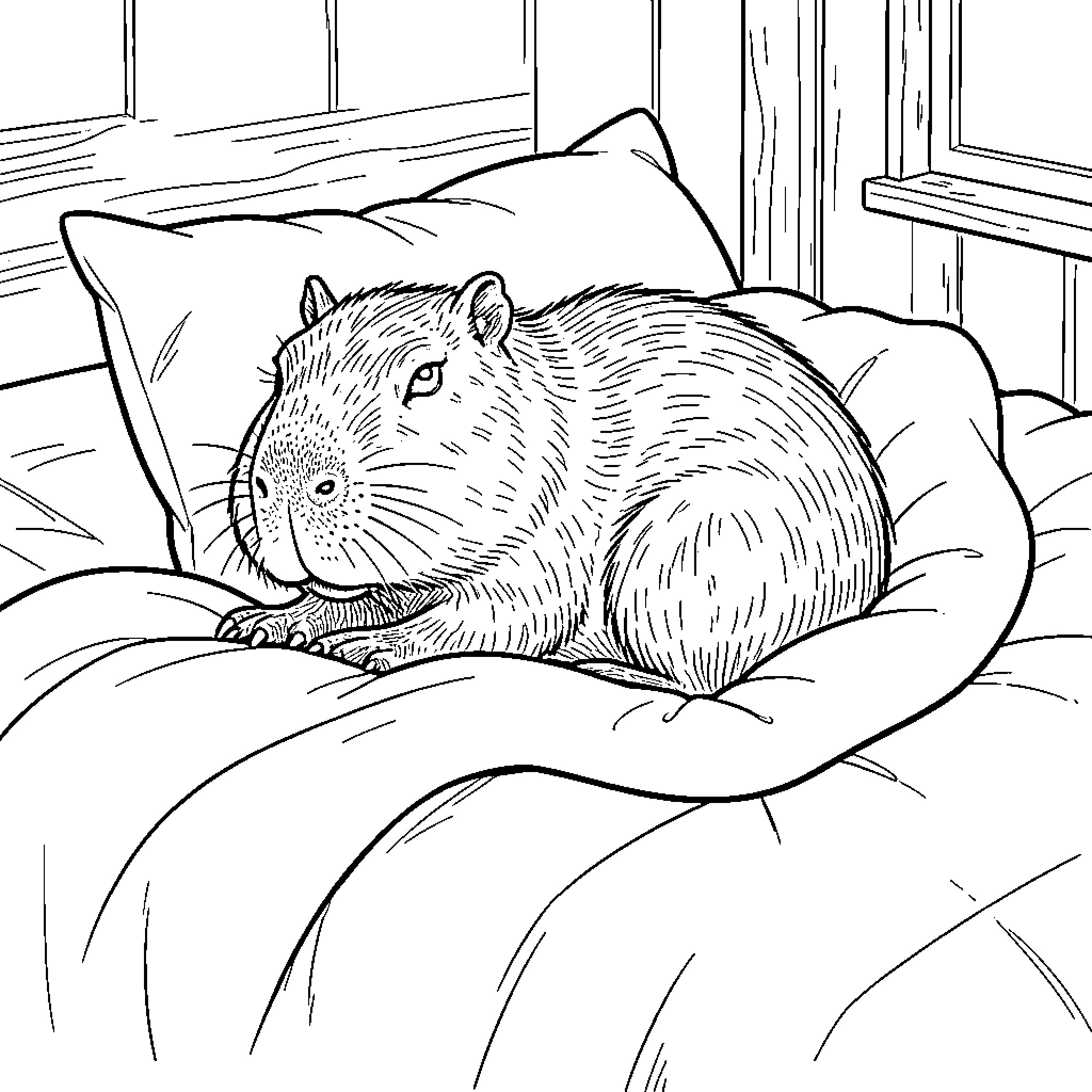 Capybara resting comfortably on sofa Coloring Page (free black-and-white line drawing printable PDF for all, from beginners to advanced learners, including children, teens, adults, and seniors)