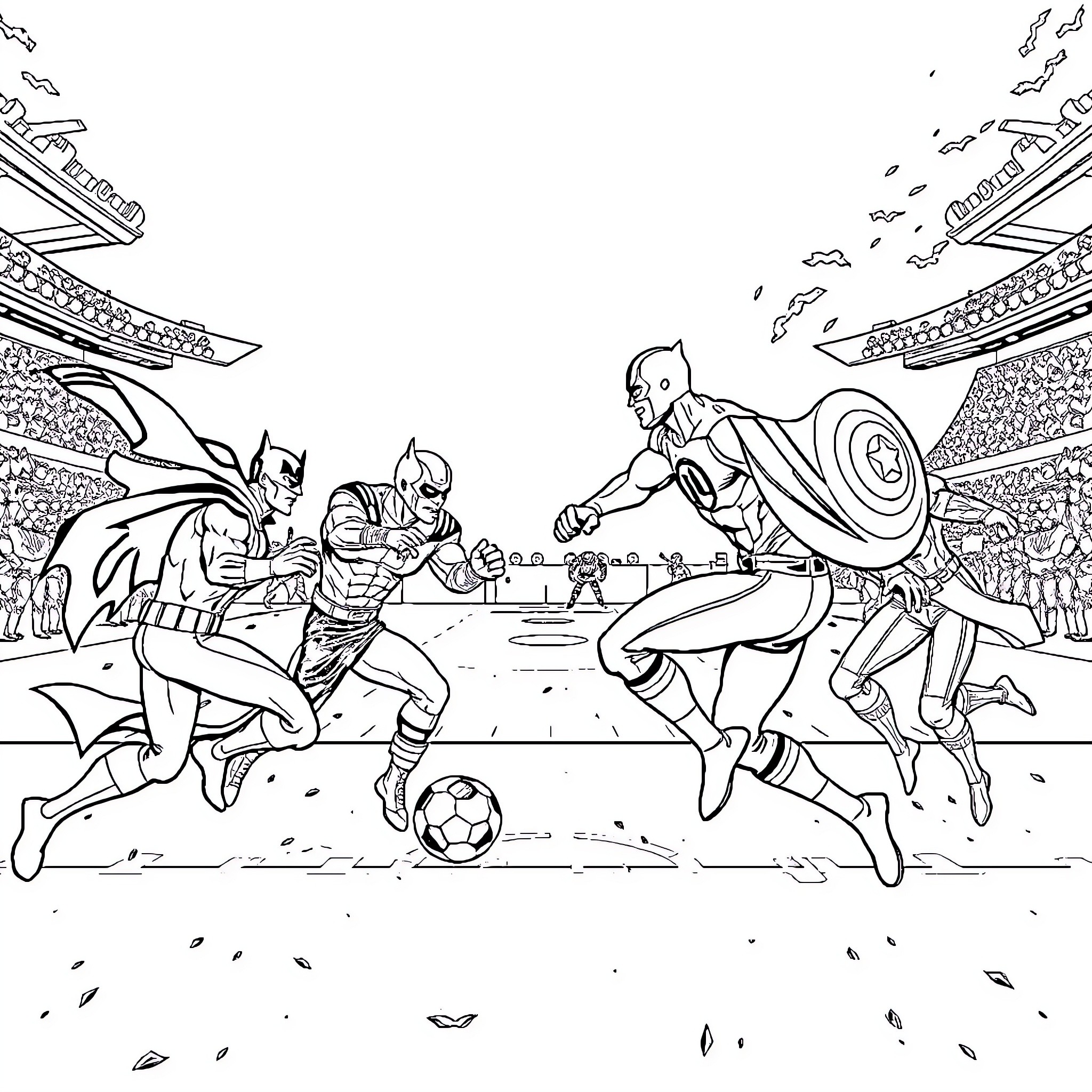 Football match between superheroes in a stadium Coloring Page (free black-and-white line drawing printable PDF for all, from beginners to advanced learners, including children, teens, adults, and seniors)